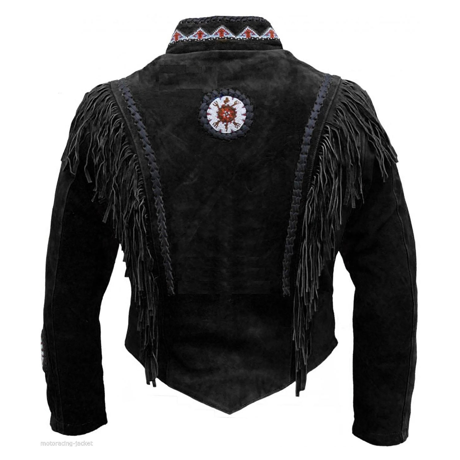 Full display showing the black buckskin suede leather fringe jacket with beaded detailing