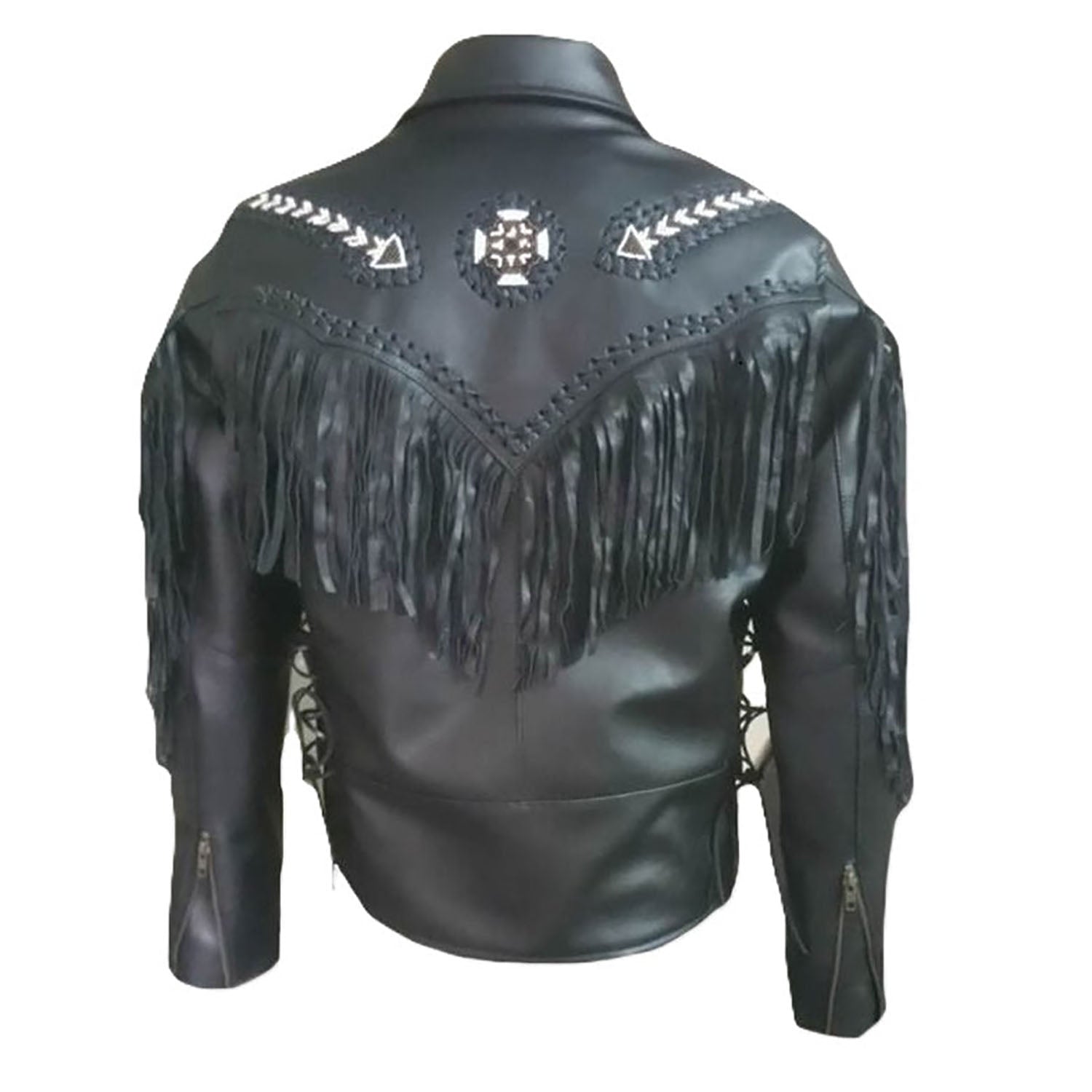 The black leather fringe jacket with biker style, pictured in close-up