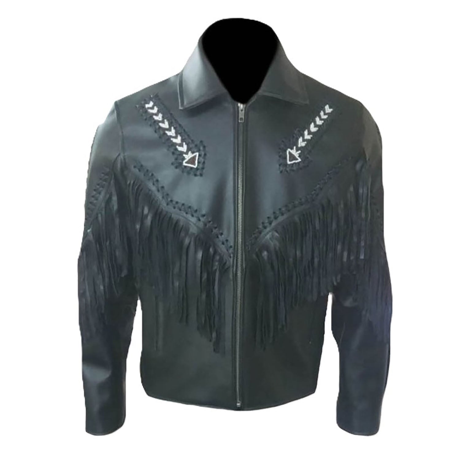 The black leather fringe jacket with beaded detailing, pictured from the back