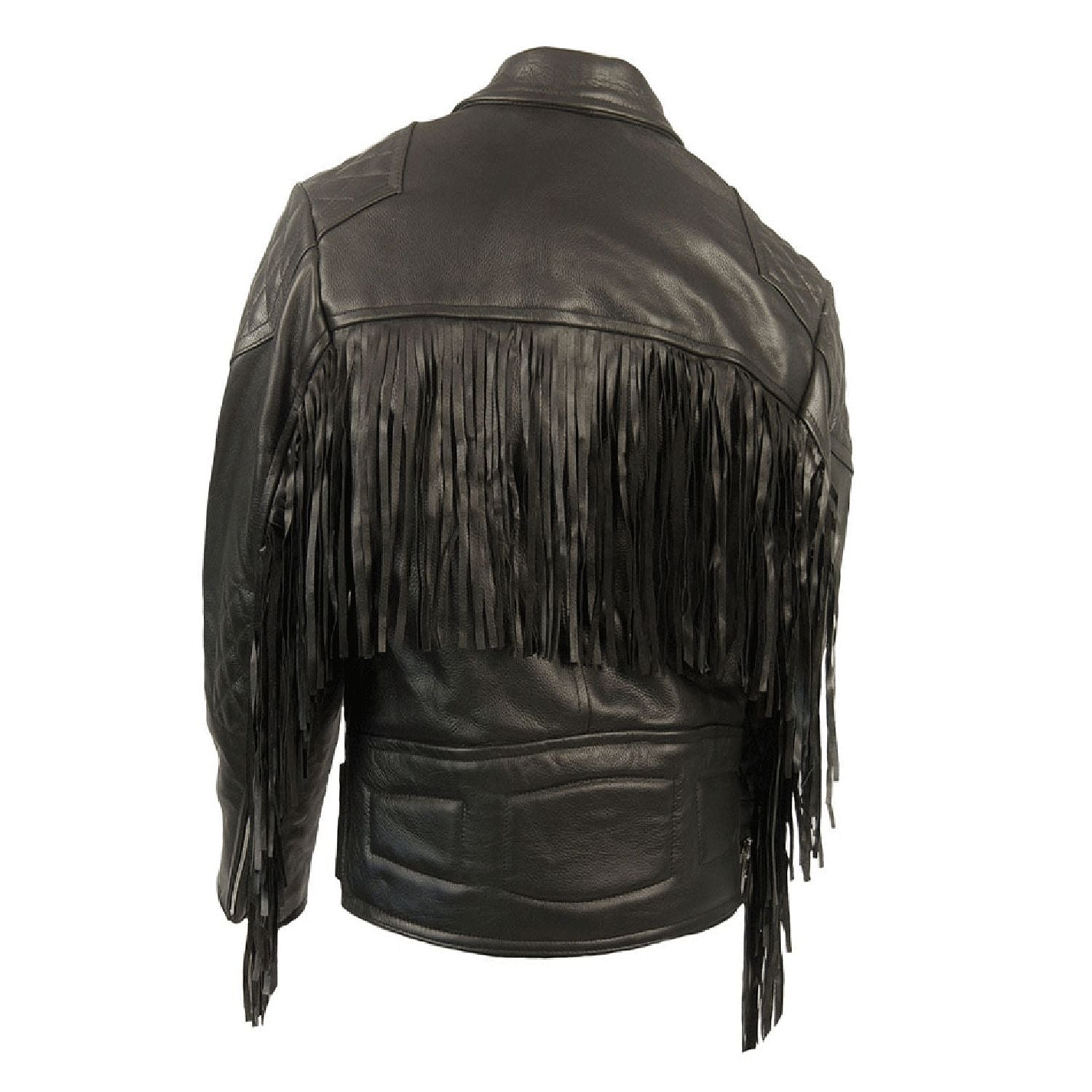 Close-up detail of the black leather fringe jacket with biker style for men