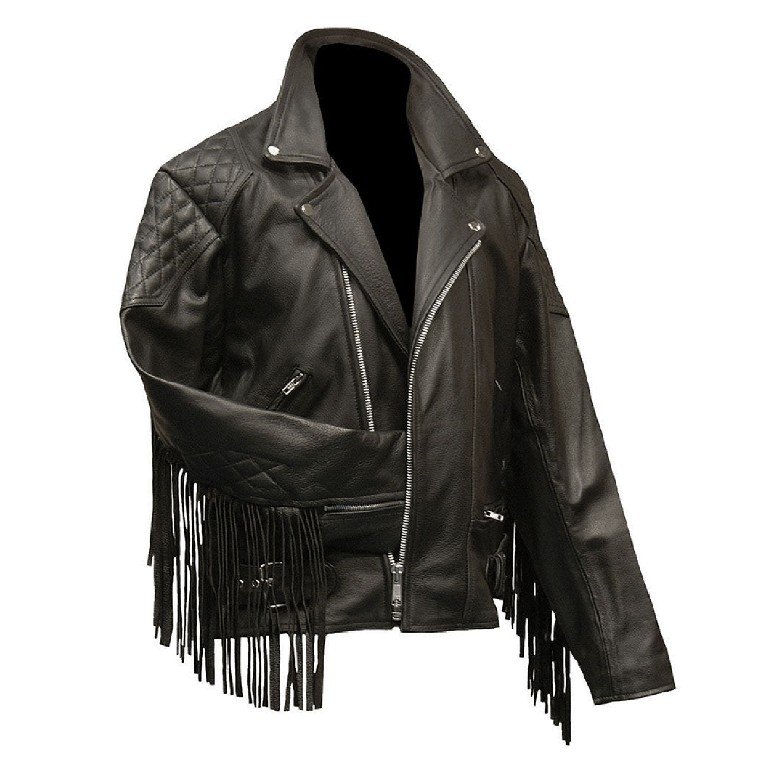 Back view of the black leather fringe jacket with biker style for men