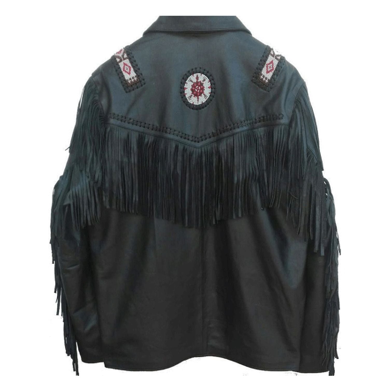 Black leather fringe jacket with beaded detailing, worn styled look