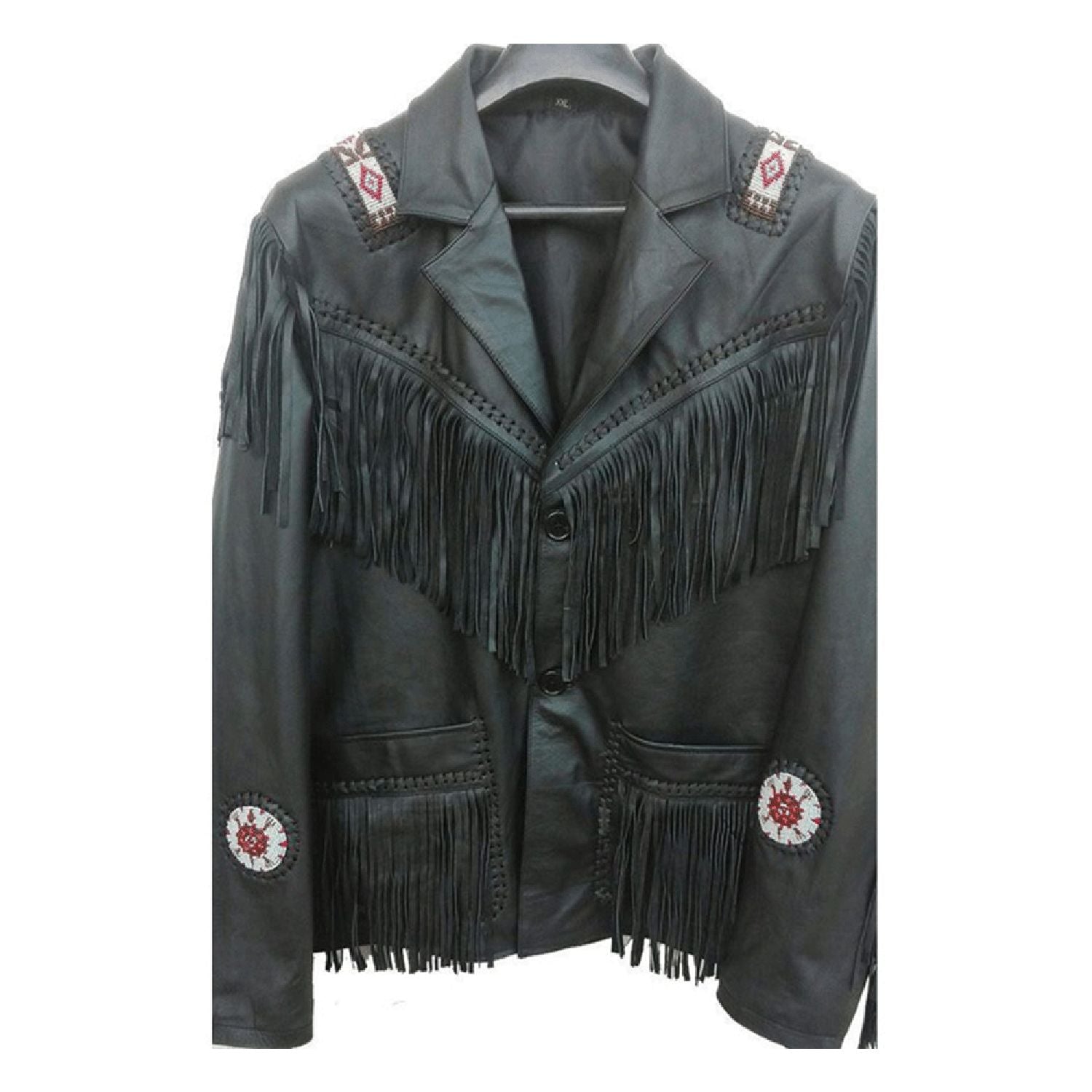 Close-up detail of the black leather fringe jacket with beaded detailing for men