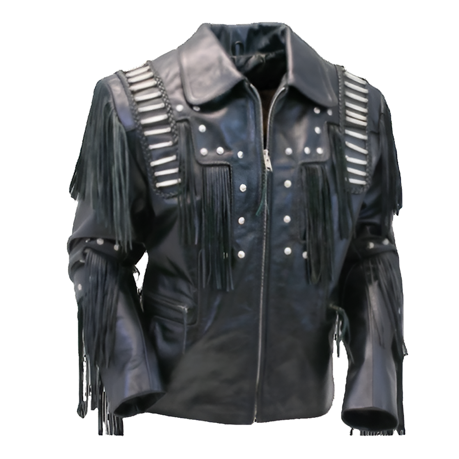 The black leather fringe jacket with bone-work trim, pictured in full display