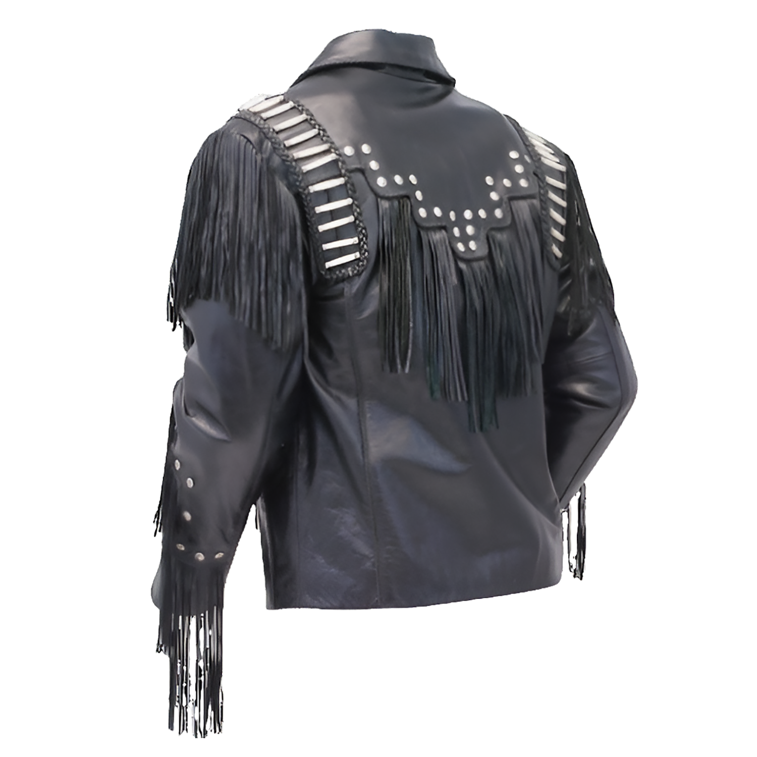 The black leather fringe jacket with studded accents, pictured in detail