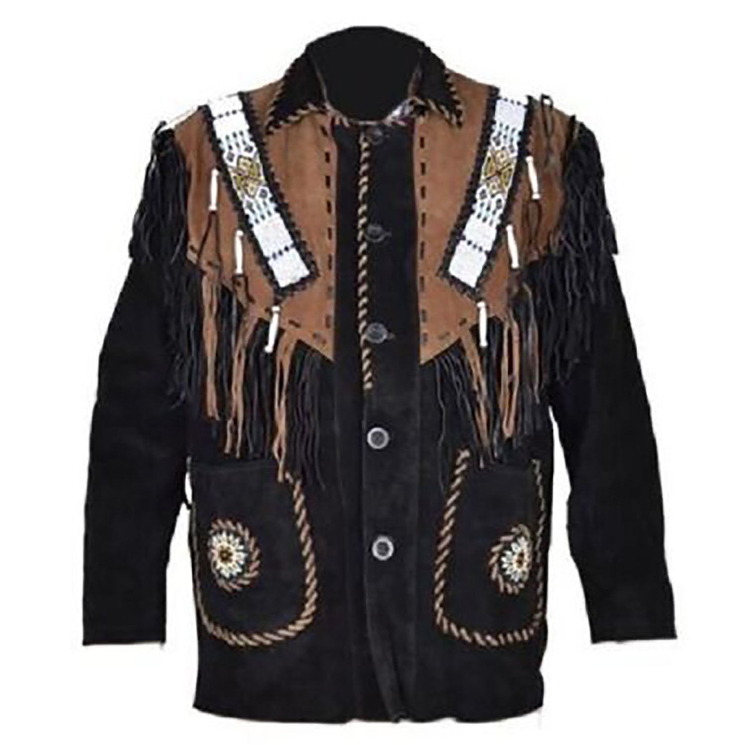 Front View of the black suede leather fringe jacket for men