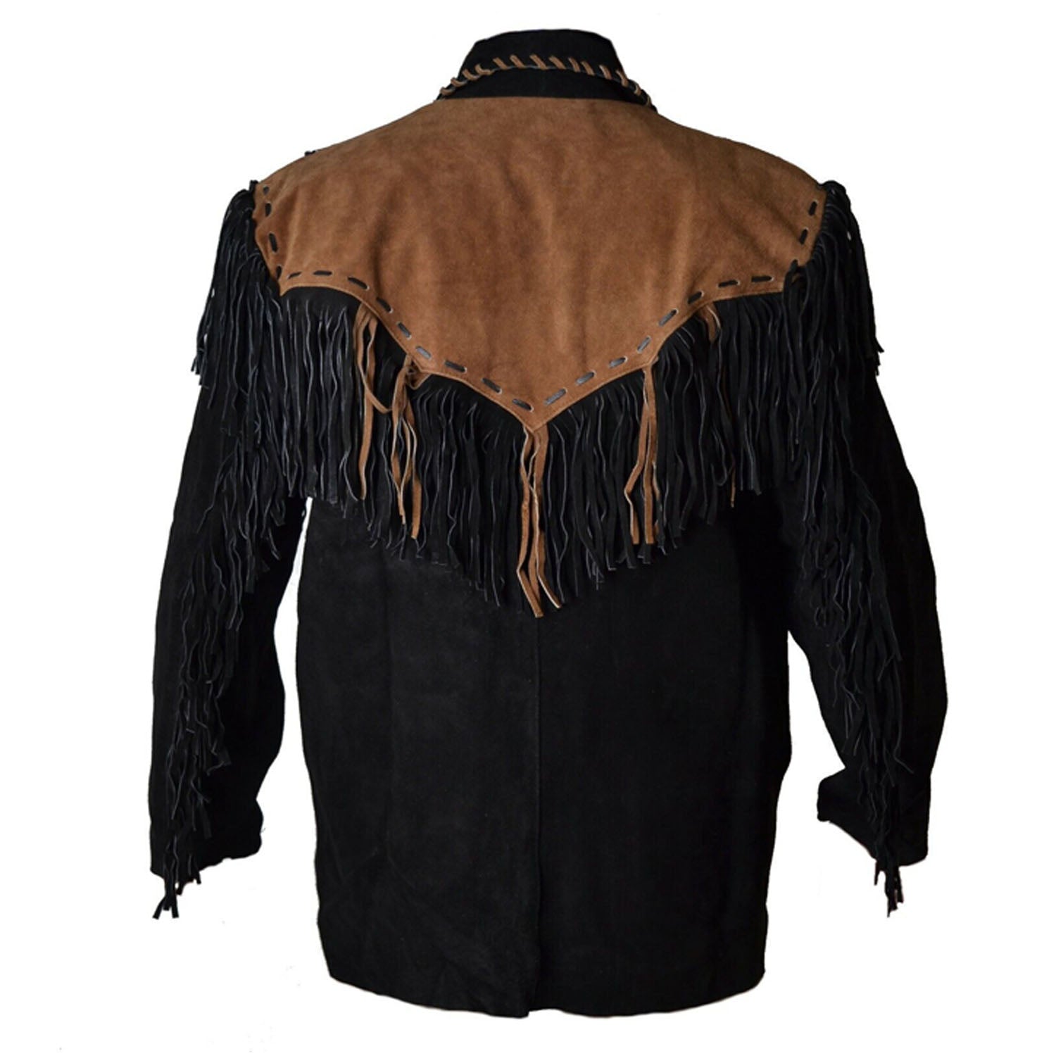 Back View of the black suede leather fringe jacket for men