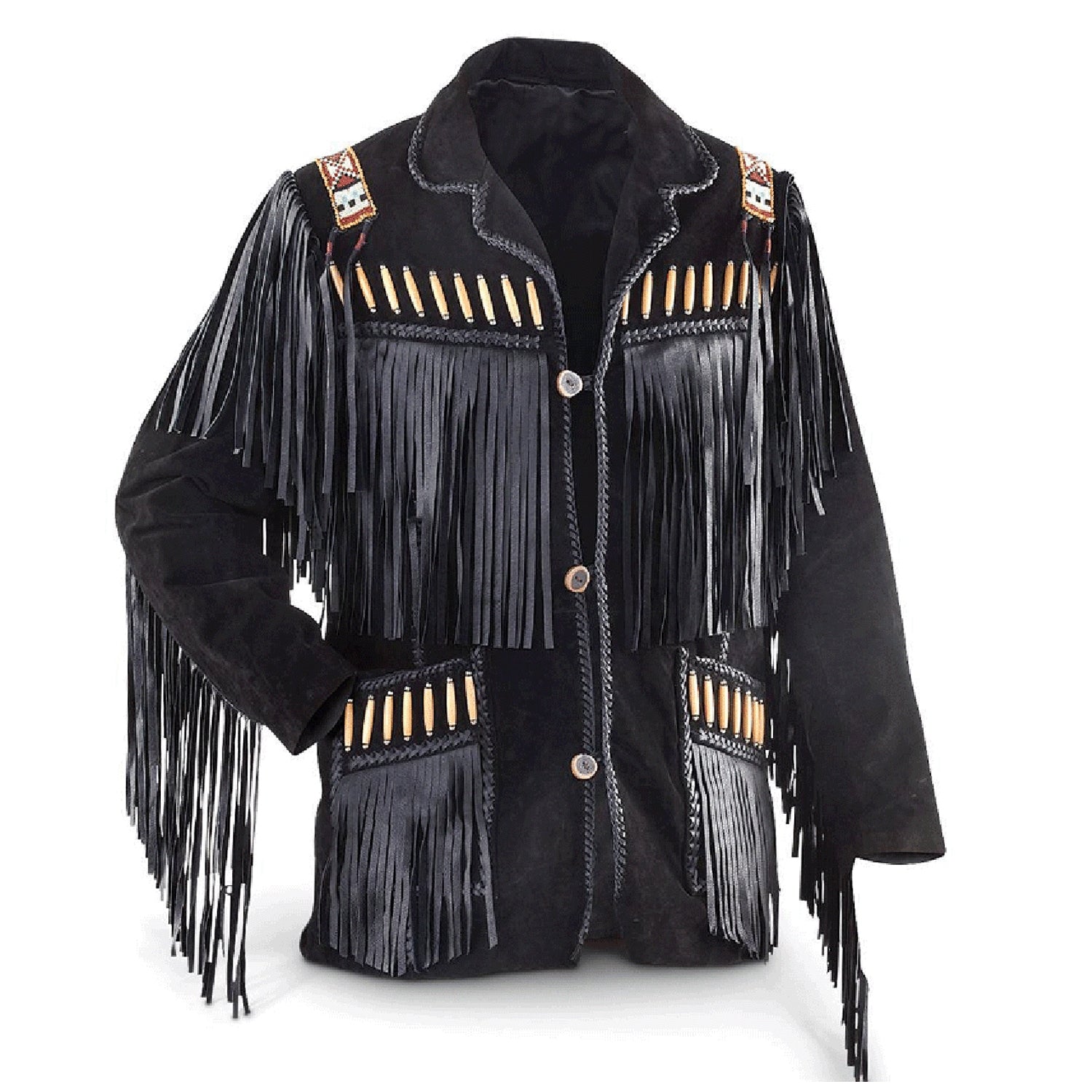 Close-up detail showing the black suede leather fringe jacket with bone-work trim