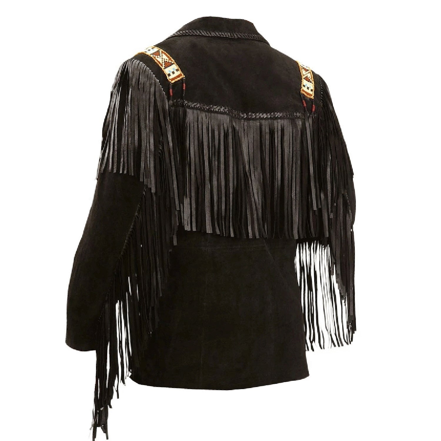 Worn styled look showing the black suede leather fringe jacket with bone-work trim