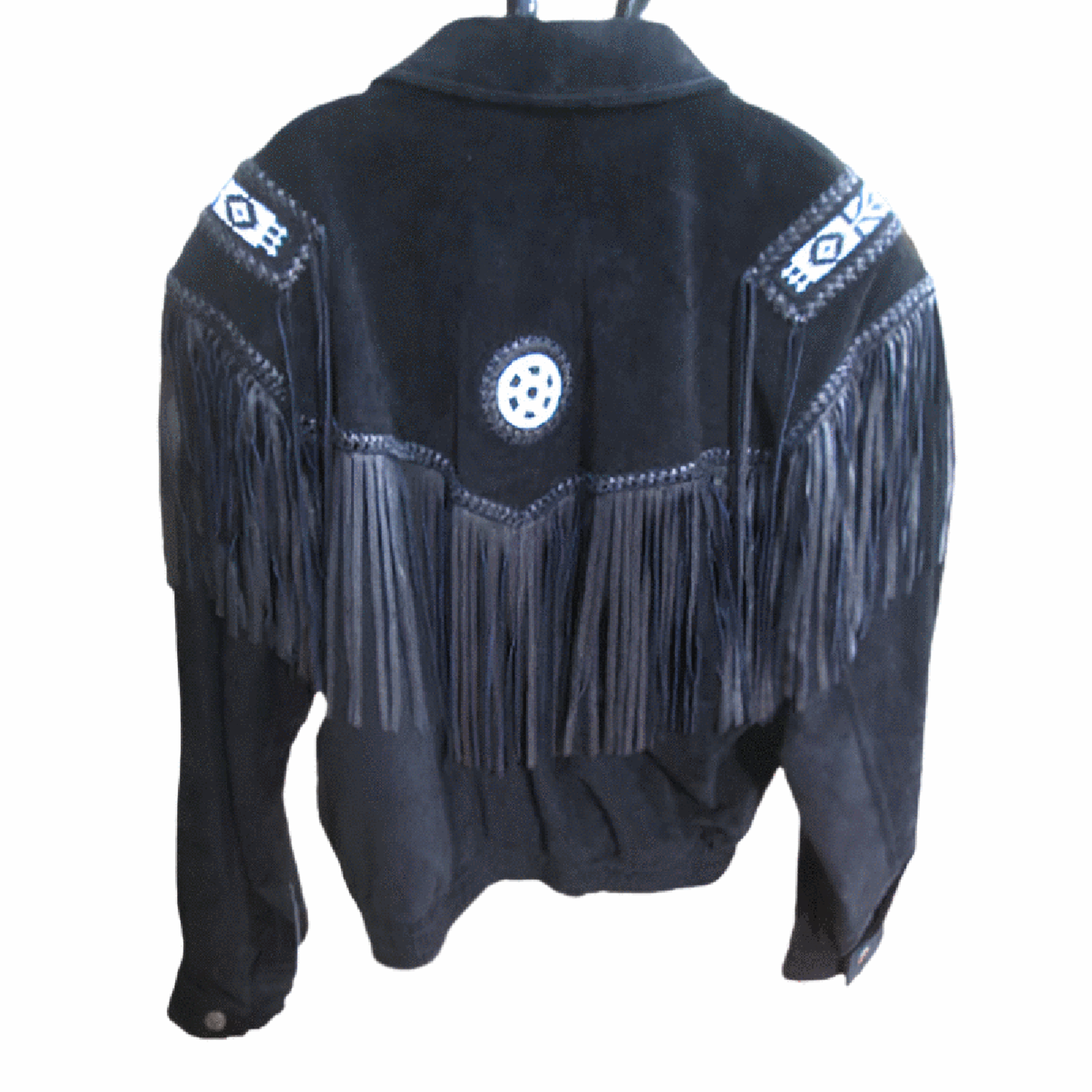 back view of the black suede leather fringe jacket for men