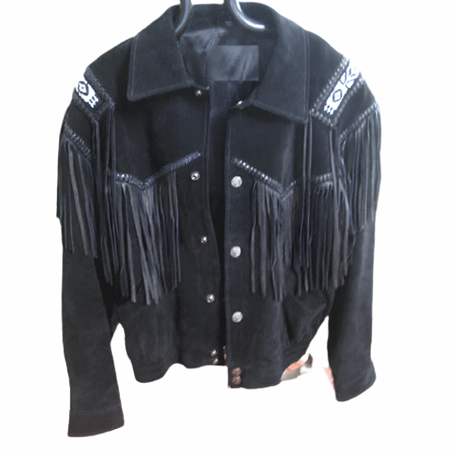 front view of the black suede leather fringe jacket for men