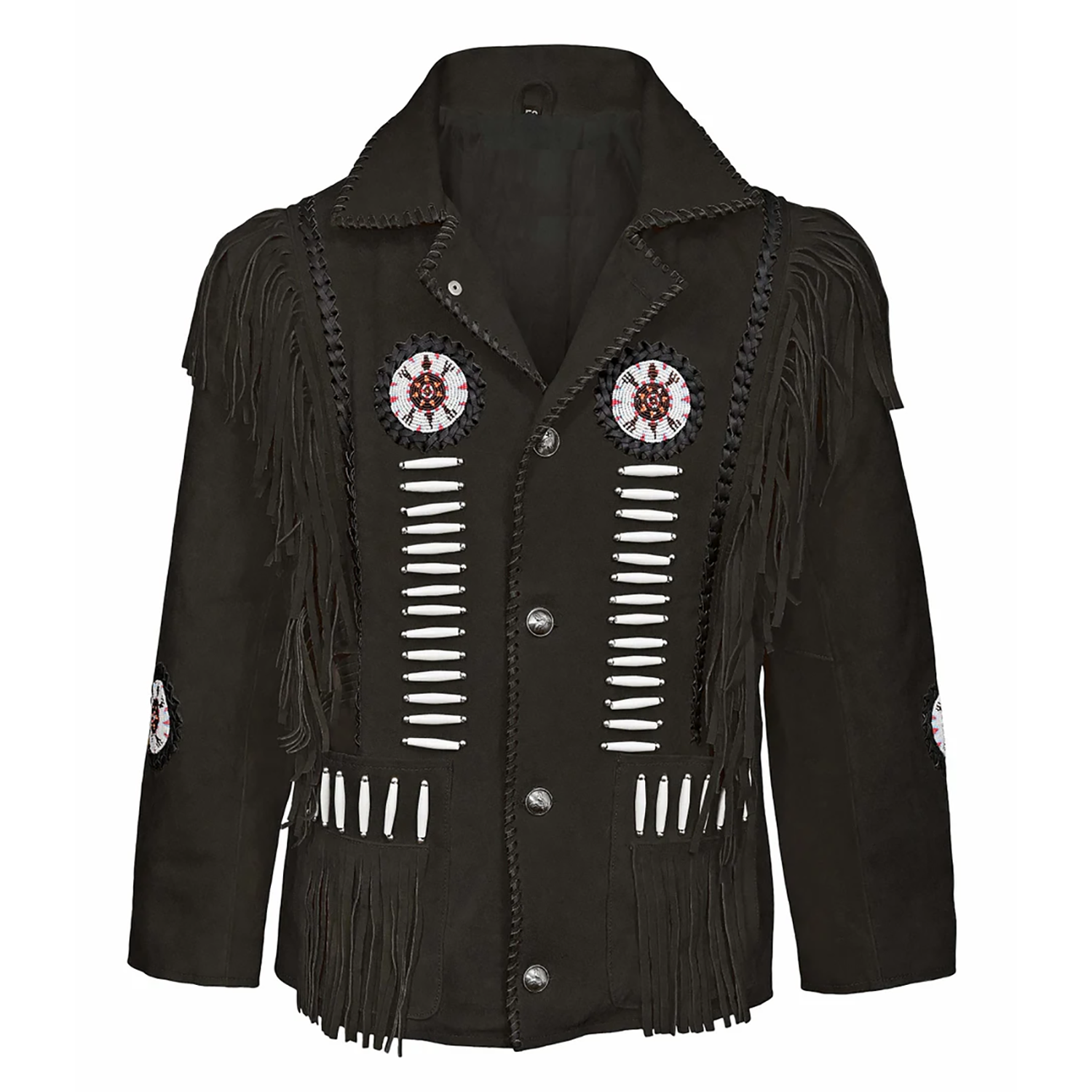 Front View of the black suede leather fringe jacket for men