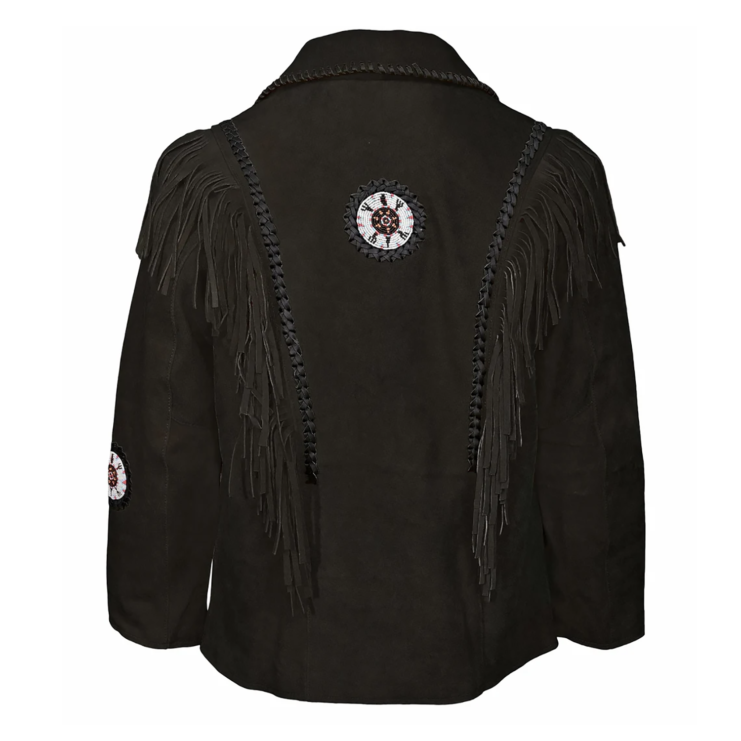 Back View of the black suede leather fringe jacket for men