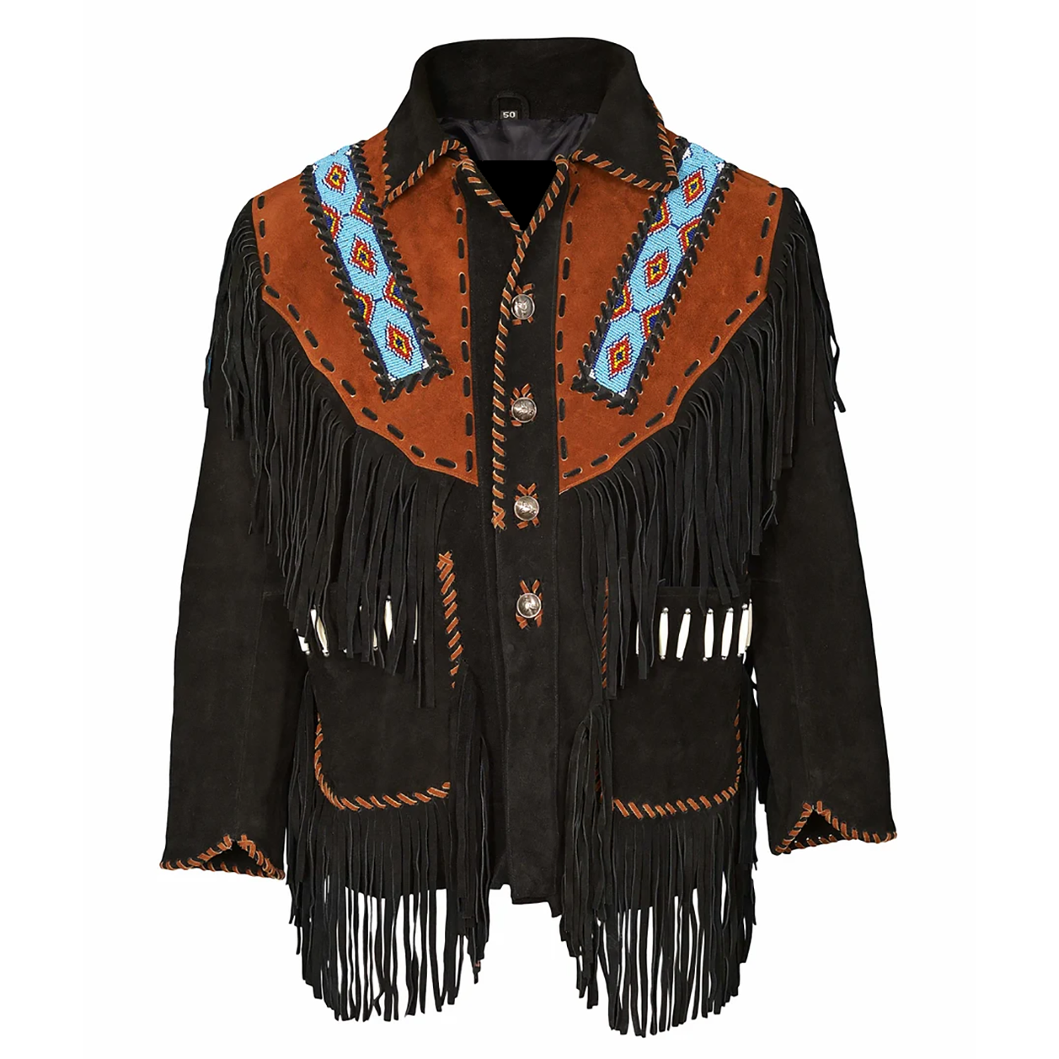 Front View  of the black suede leather fringe jacket for men
