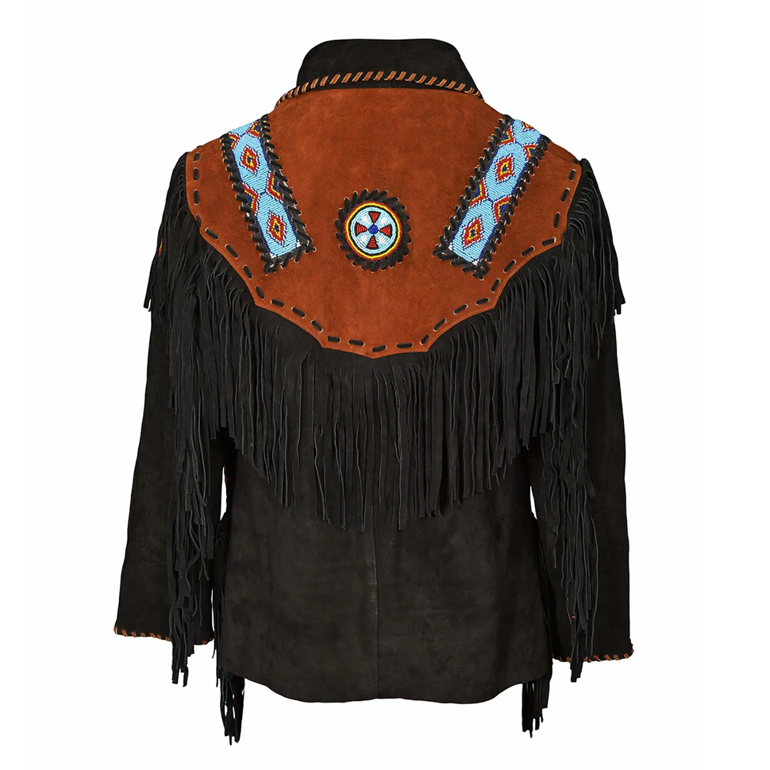 Back View of the black suede leather fringe jacket for men