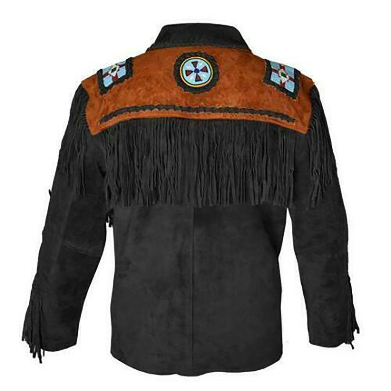 Back View of the black suede leather fringe jacket for men