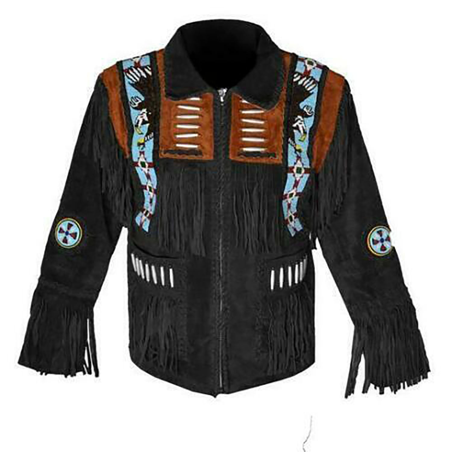 front view of the black suede leather fringe jacket for men