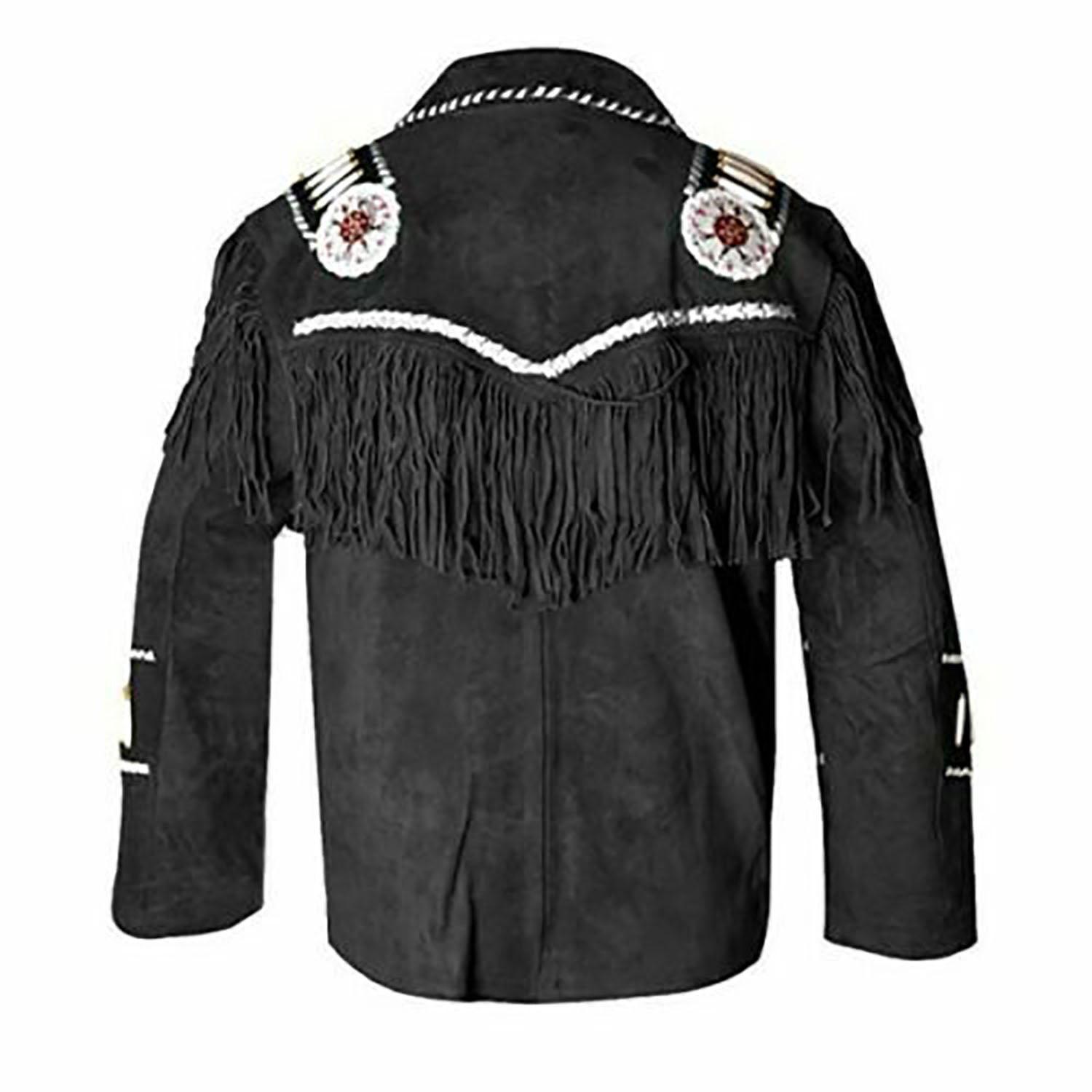Back view of the black suede leather fringe jacket for men