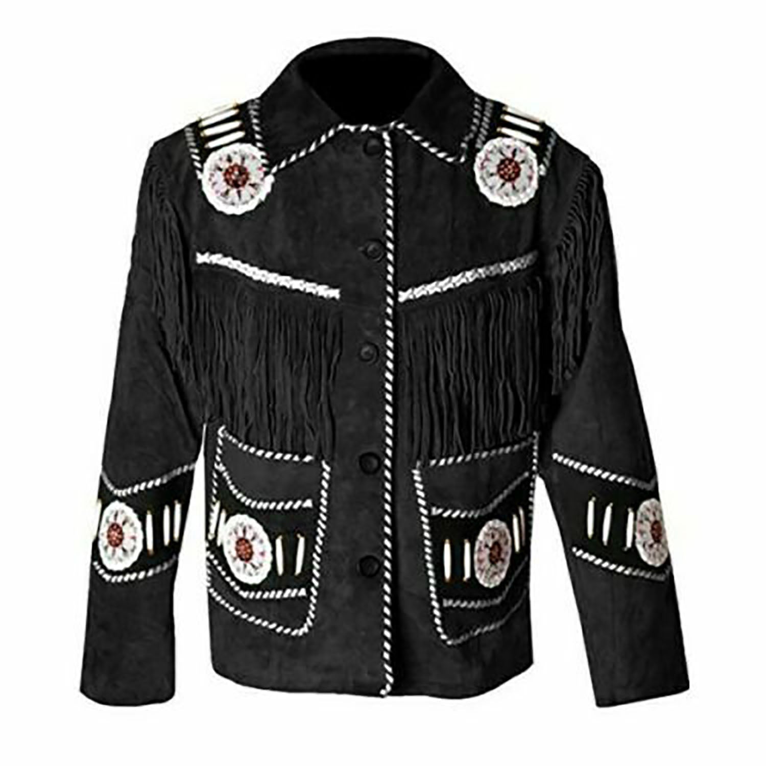 Front view of the black suede leather fringe jacket for men