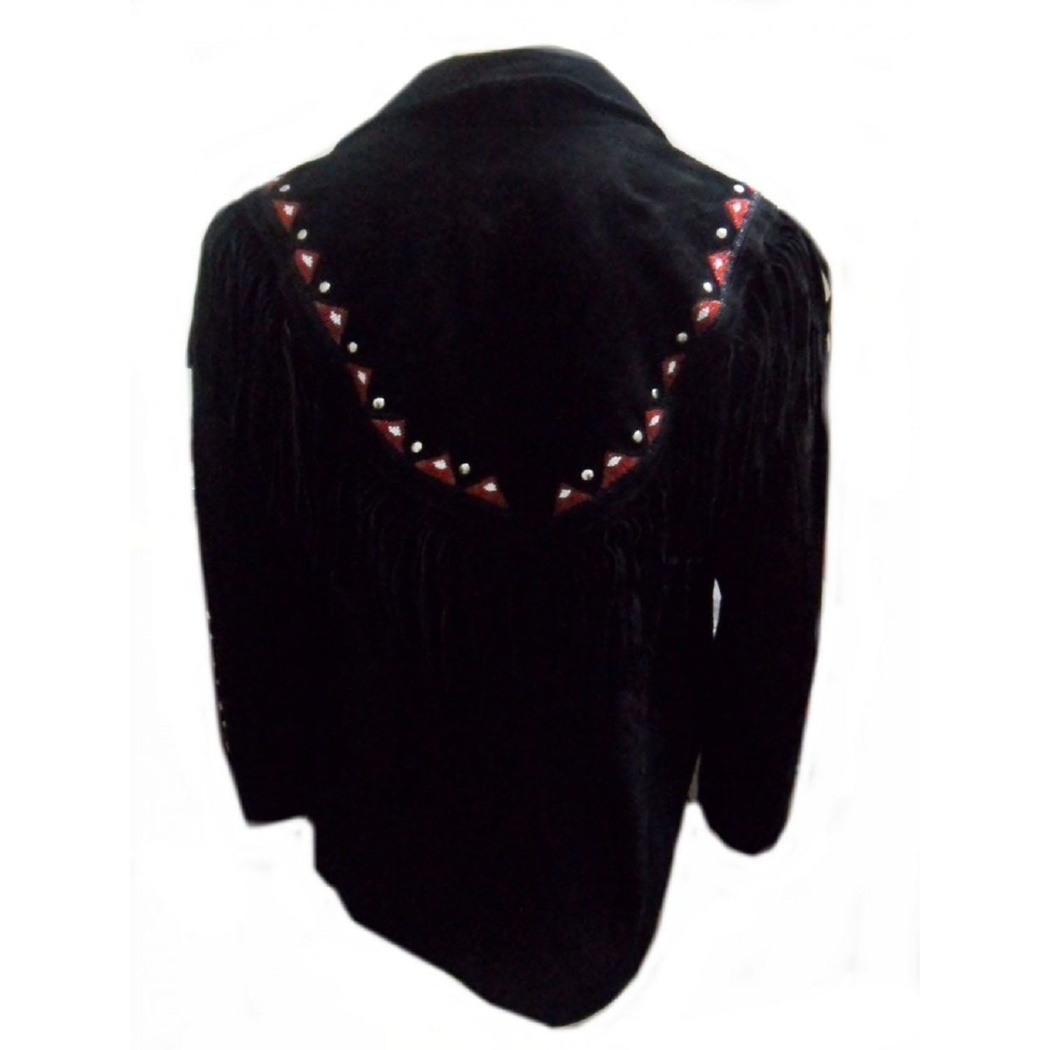 Back view of the black suede leather fringe jacket for men