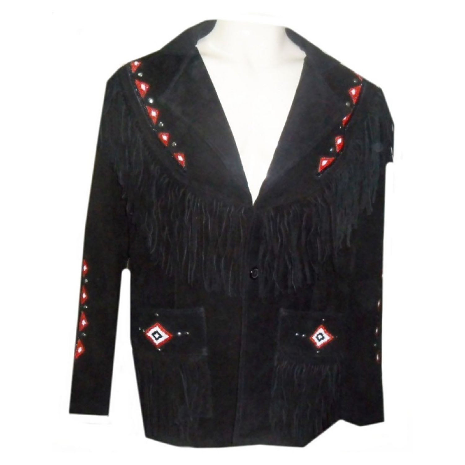 Front view of the black suede leather fringe jacket for men