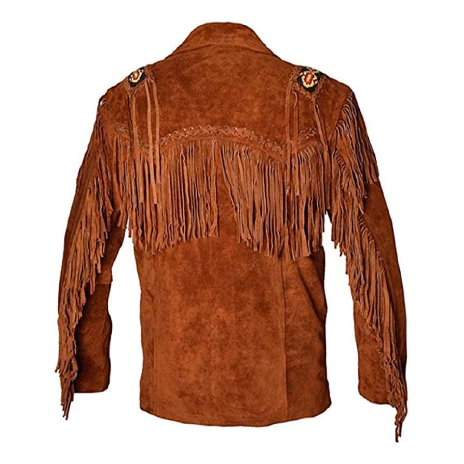 Back view of the black suede leather fringe jacket for men