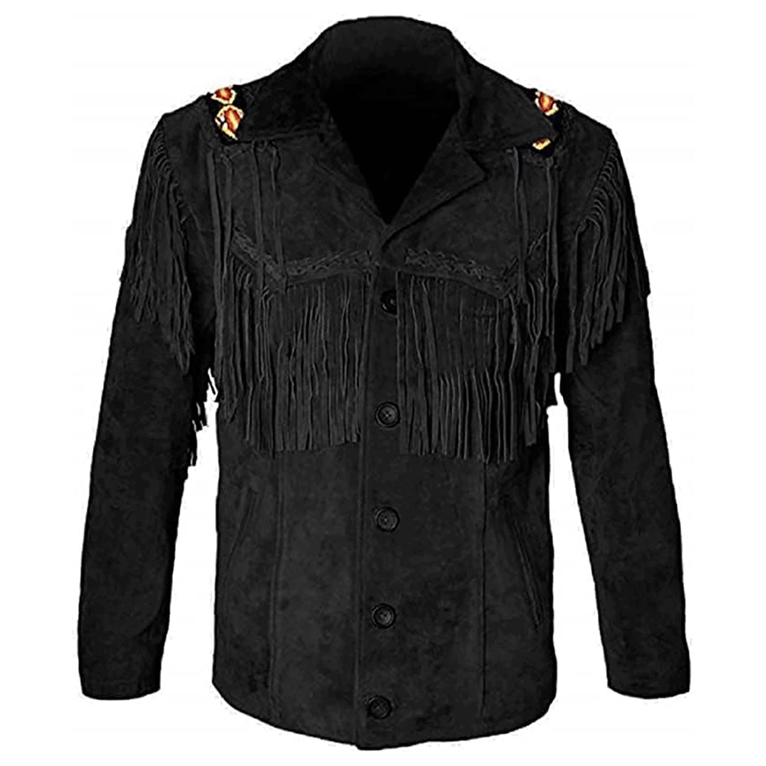Front view of the black suede leather fringe jacket for men