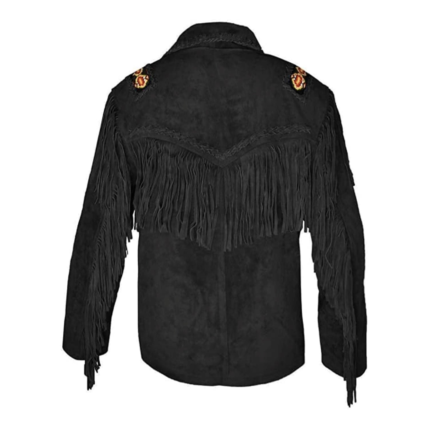 Back view of the black suede leather fringe jacket for men