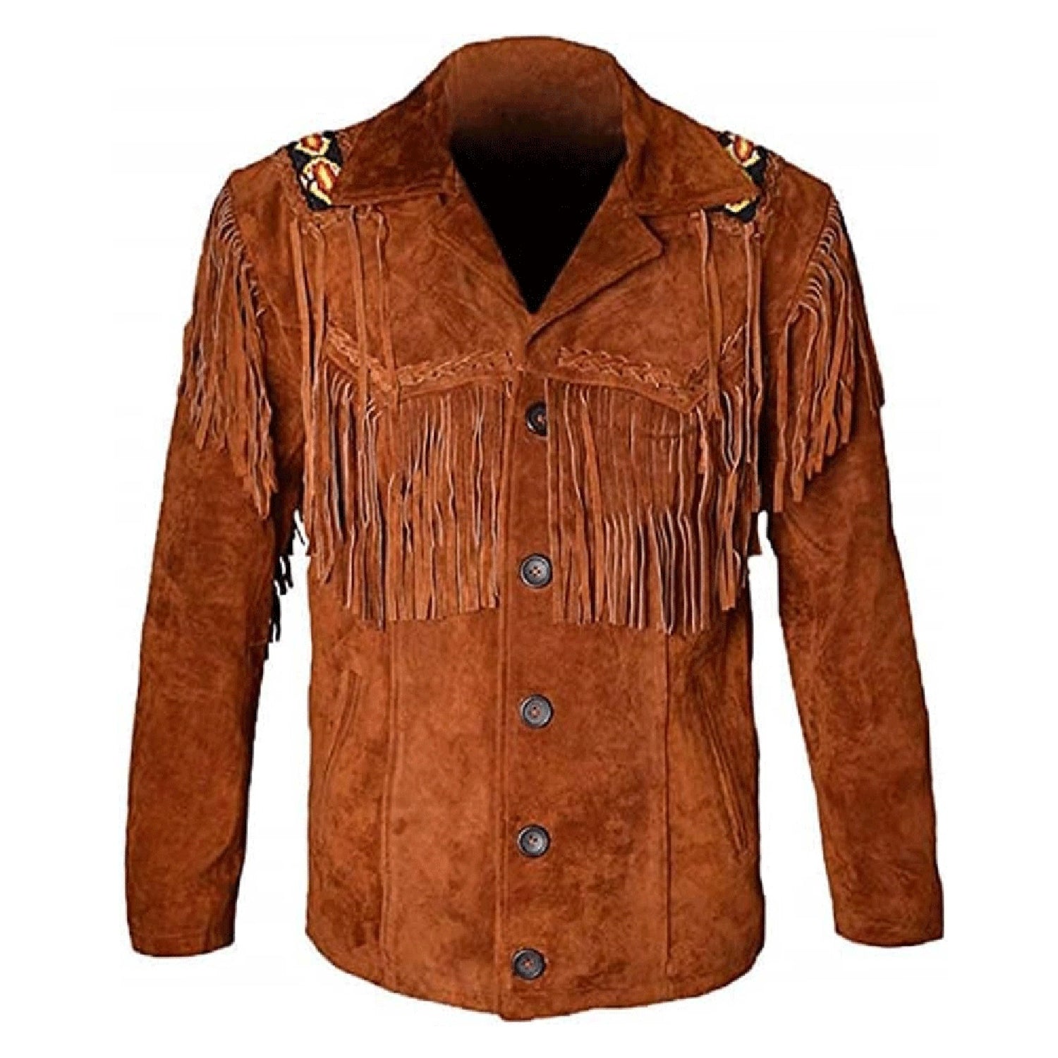 Front view of the black suede leather fringe jacket for men