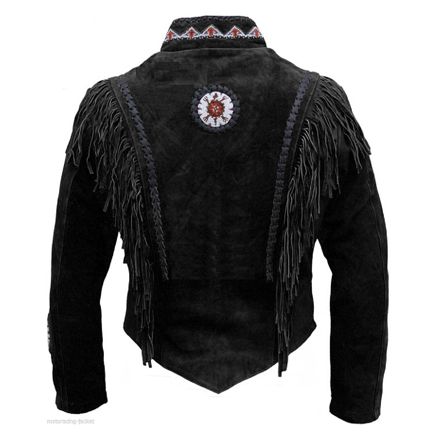 Back view of the black suede leather fringe jacket for men