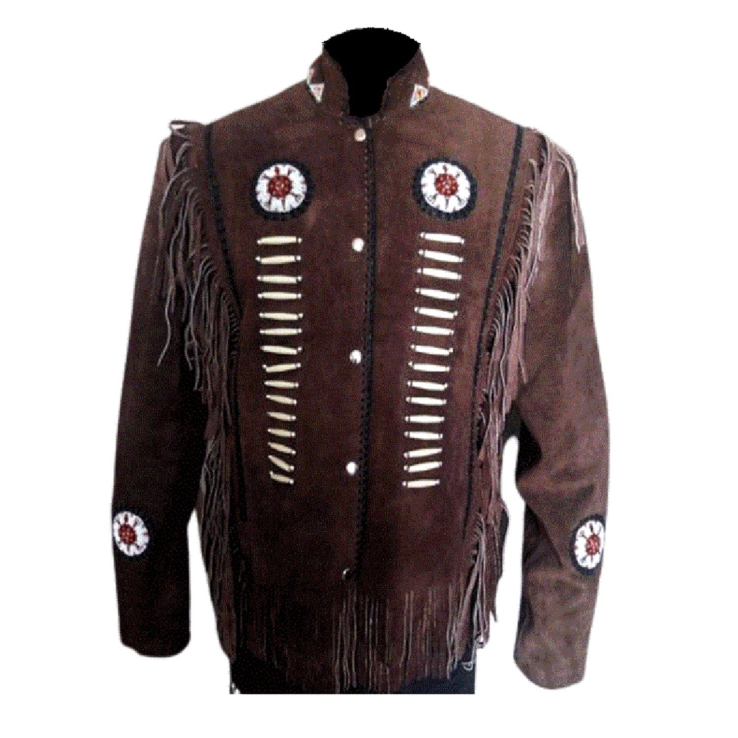 Front view of the black suede leather fringe jacket for men