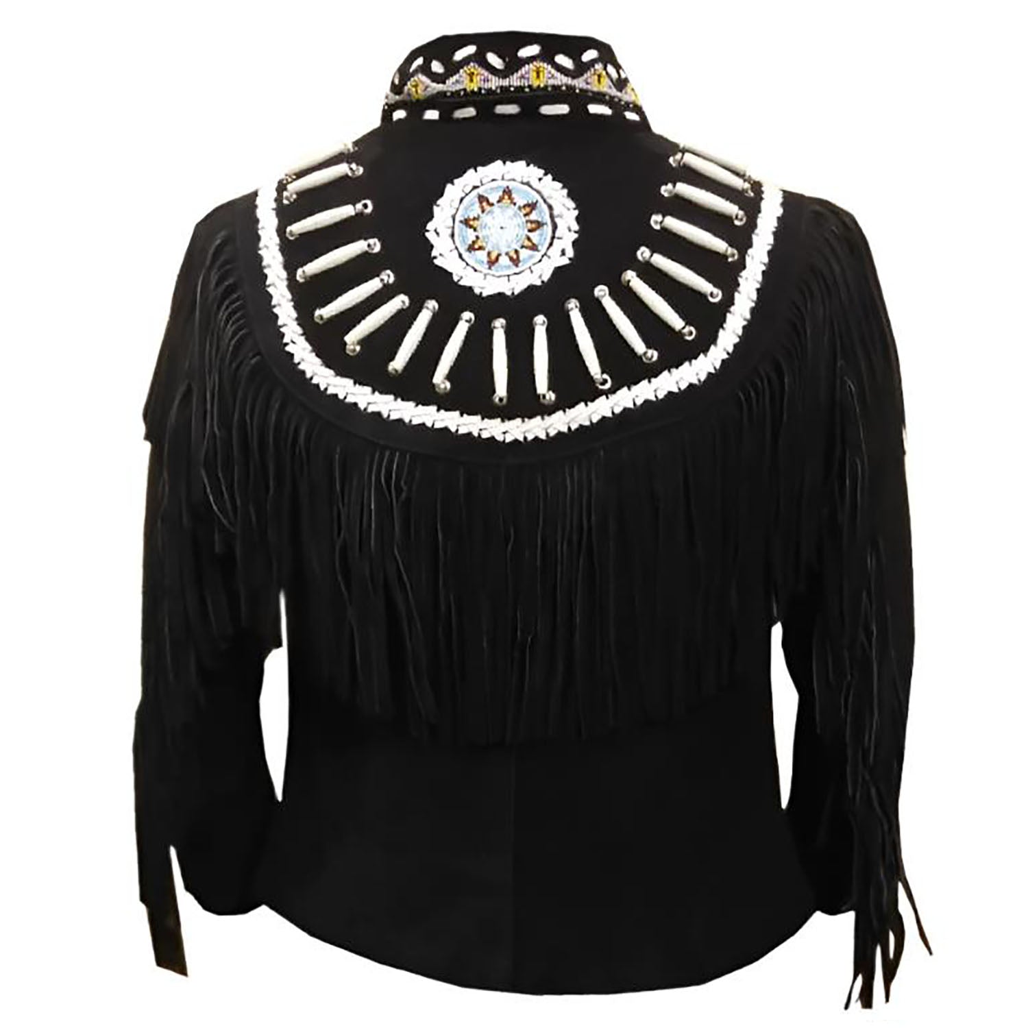 The black suede leather fringe jacket with bone-work trim, Back View
