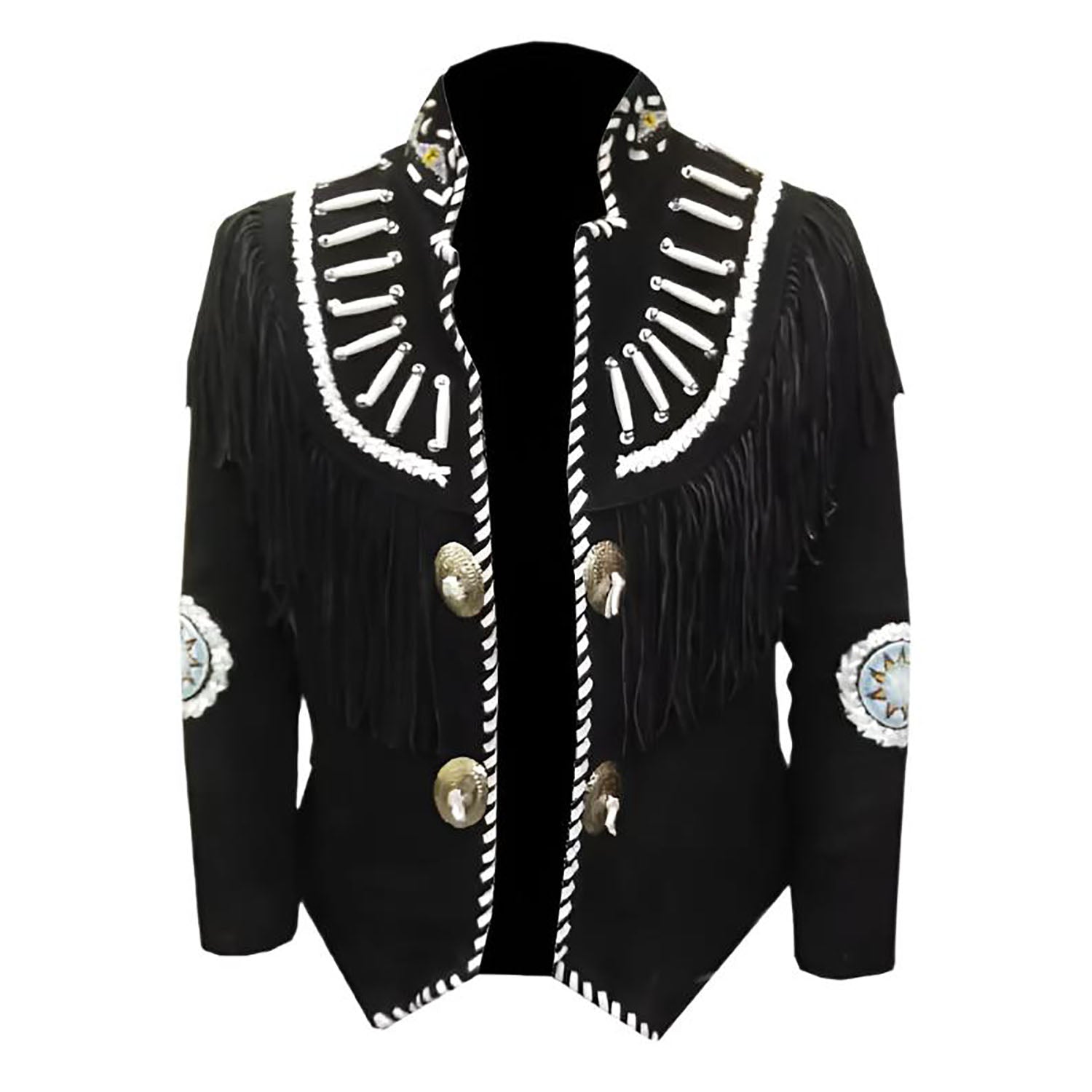 The black suede leather fringe jacket with bone-work trim, pictured from the Front