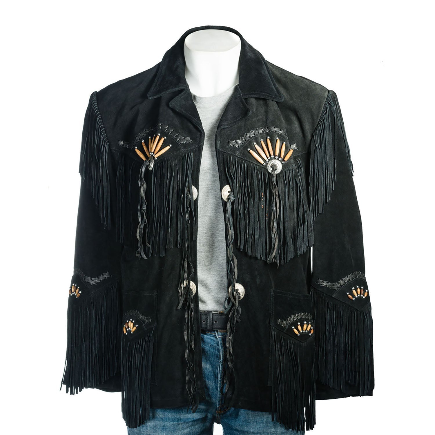 Back view of the black suede leather fringe jacket with bone-work trim for men