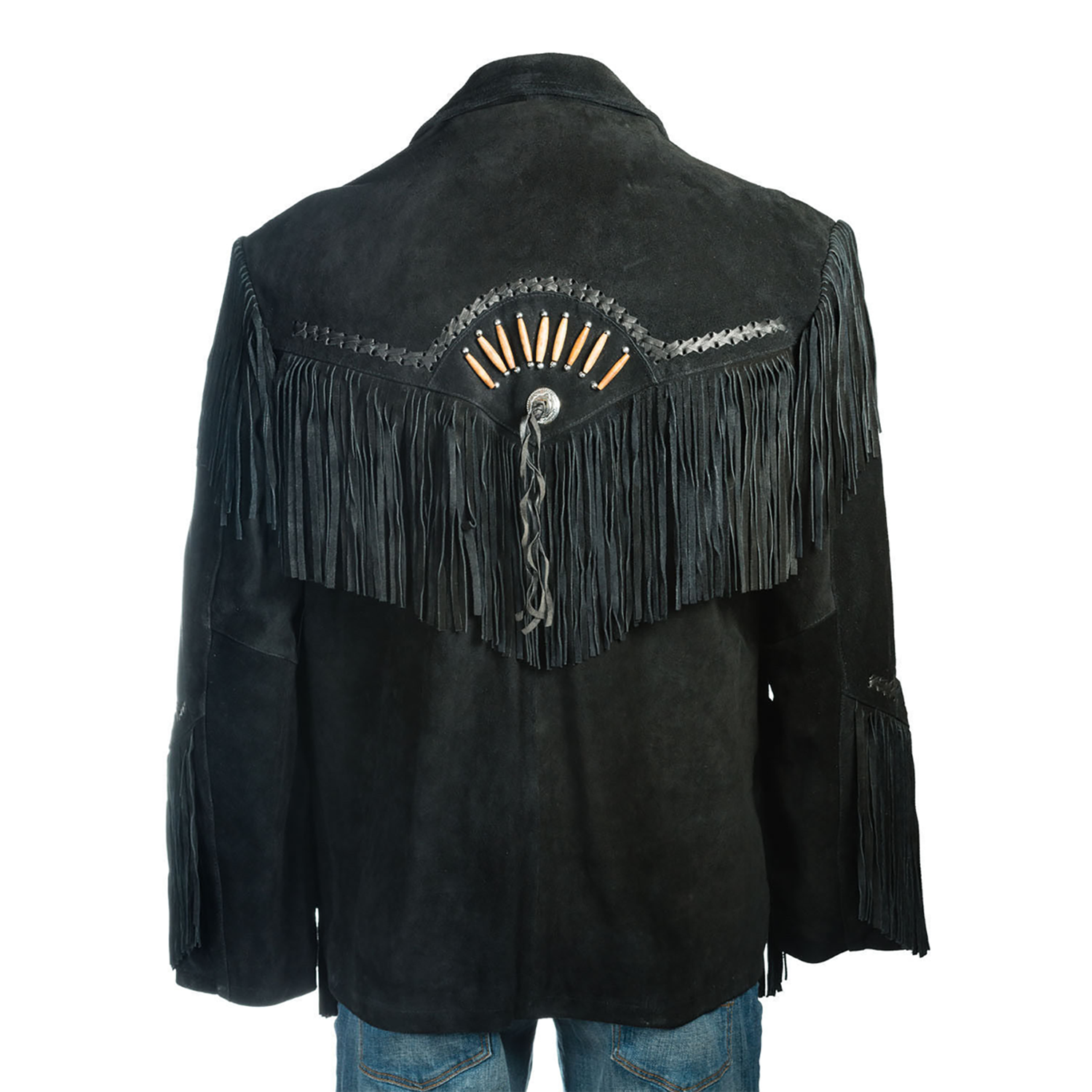 Close-up detail of the black suede leather fringe jacket with bone-work trim for men