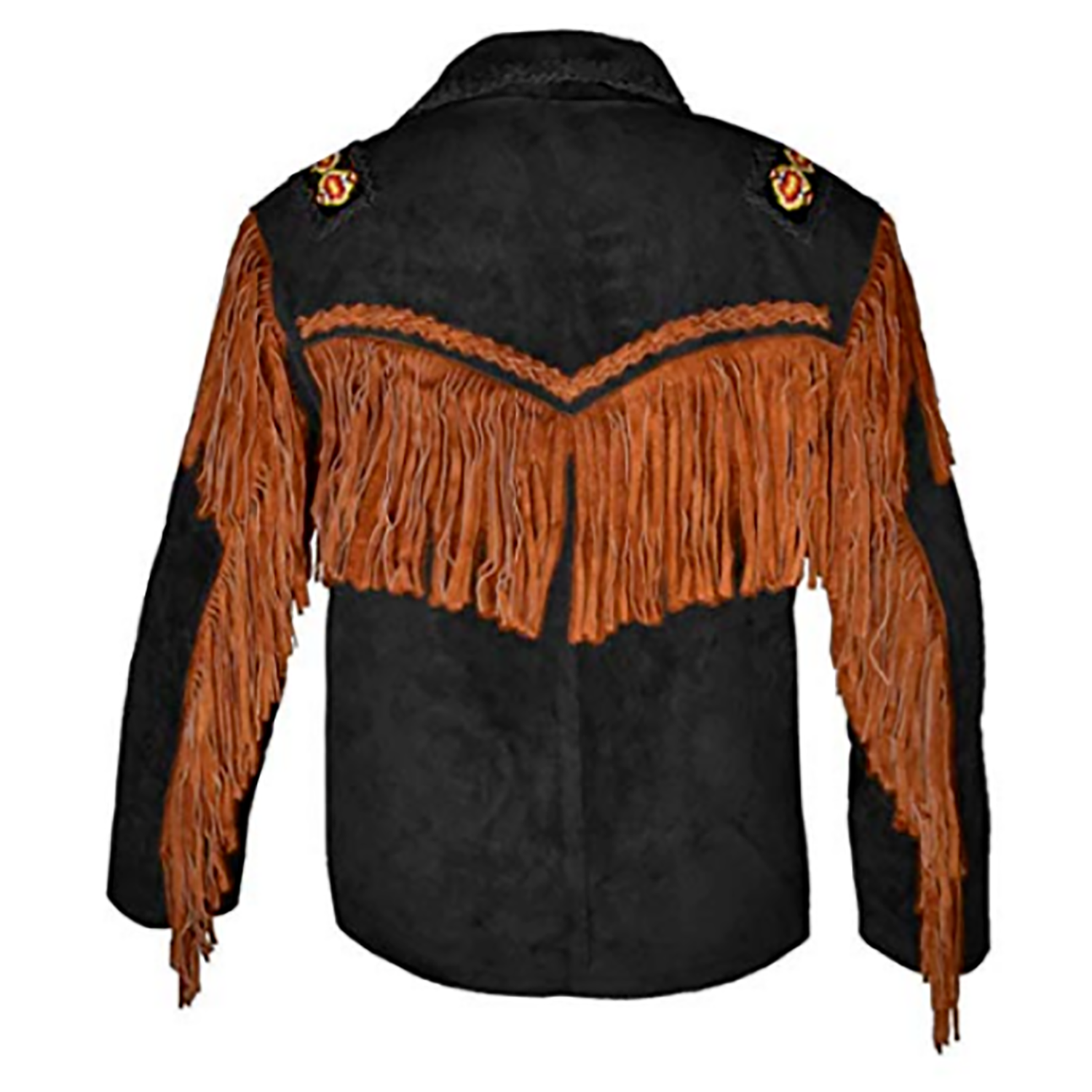 Full display showing the black suede leather fringe jacket with bone-work trim