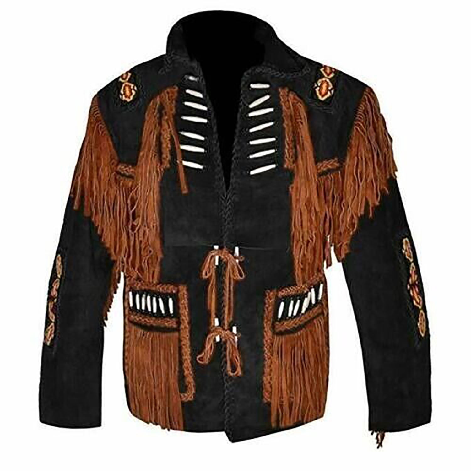 Back view showing the black suede leather fringe jacket with bone-work trim