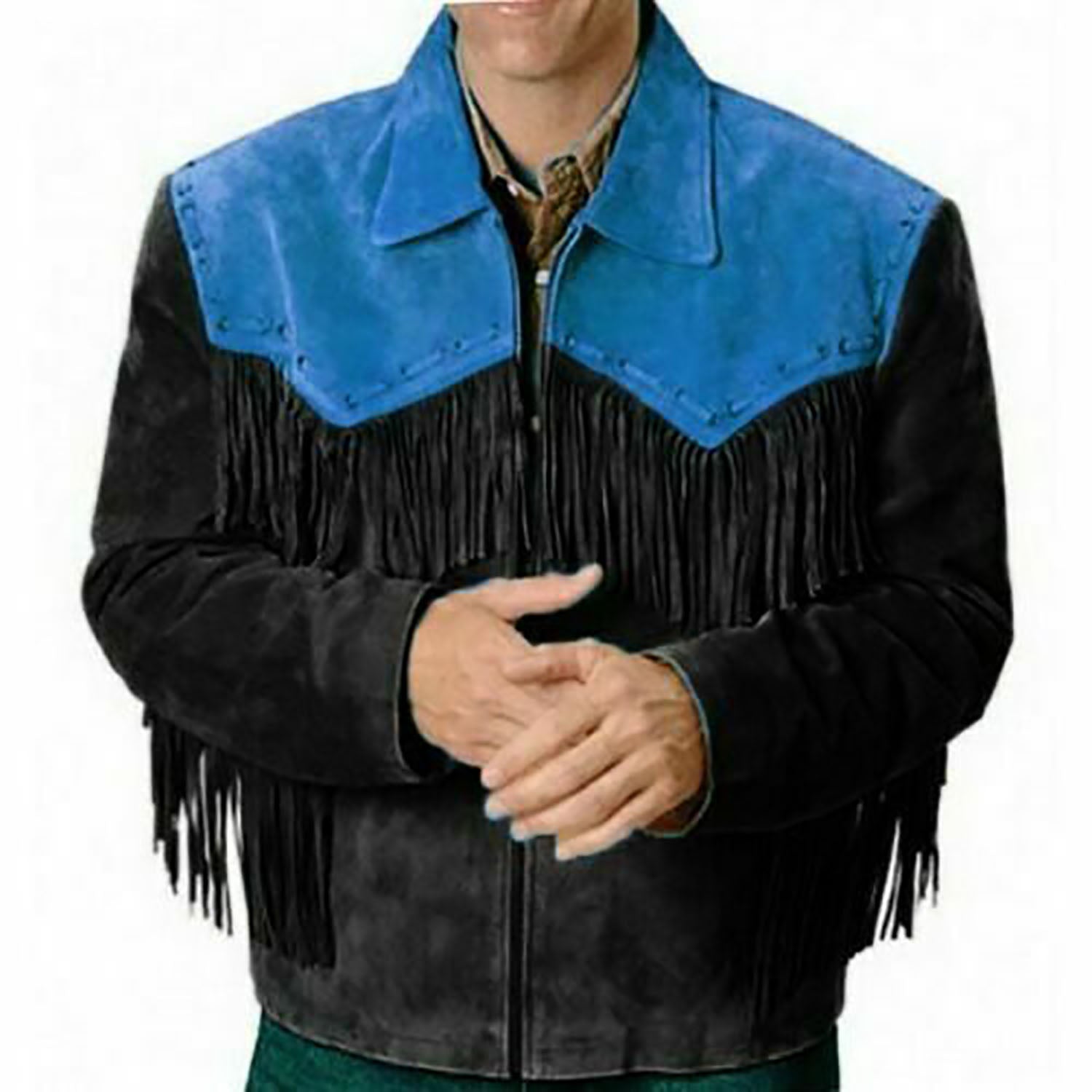 Full display showing the black suede leather fringe jacket