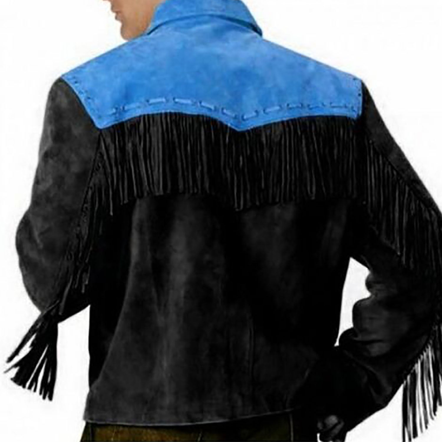 Detail shot of the black suede leather fringe jacket for men