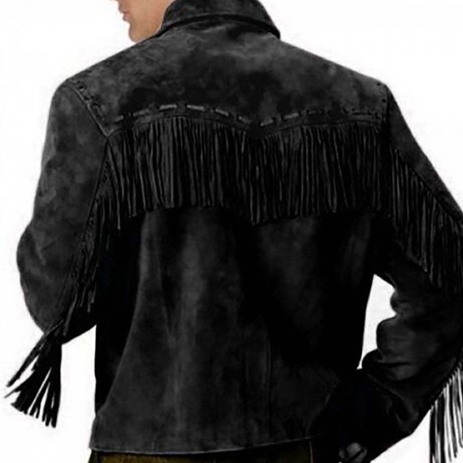 The black suede leather fringe jacket, pictured from the front