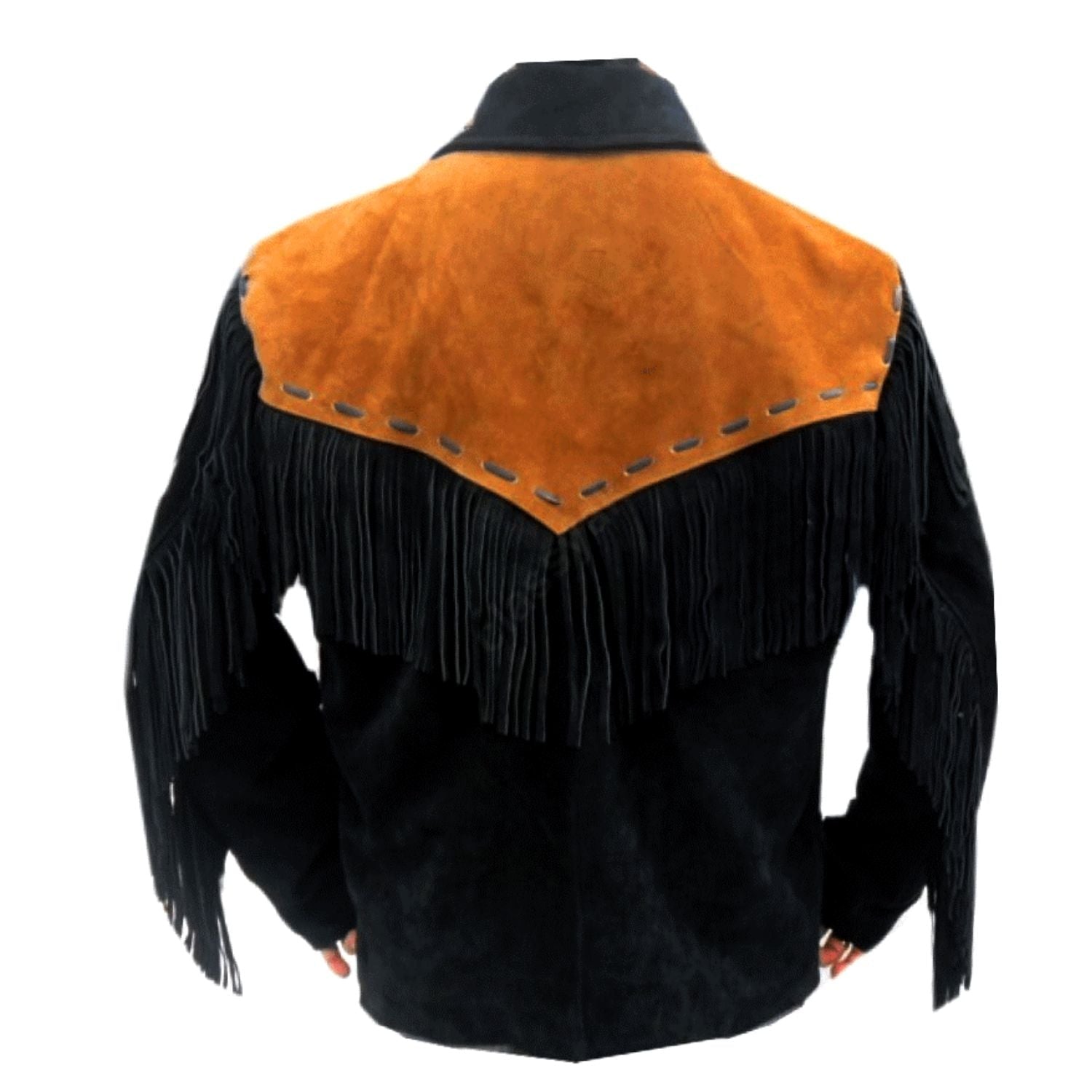 Back view showing the black suede leather fringe jacket