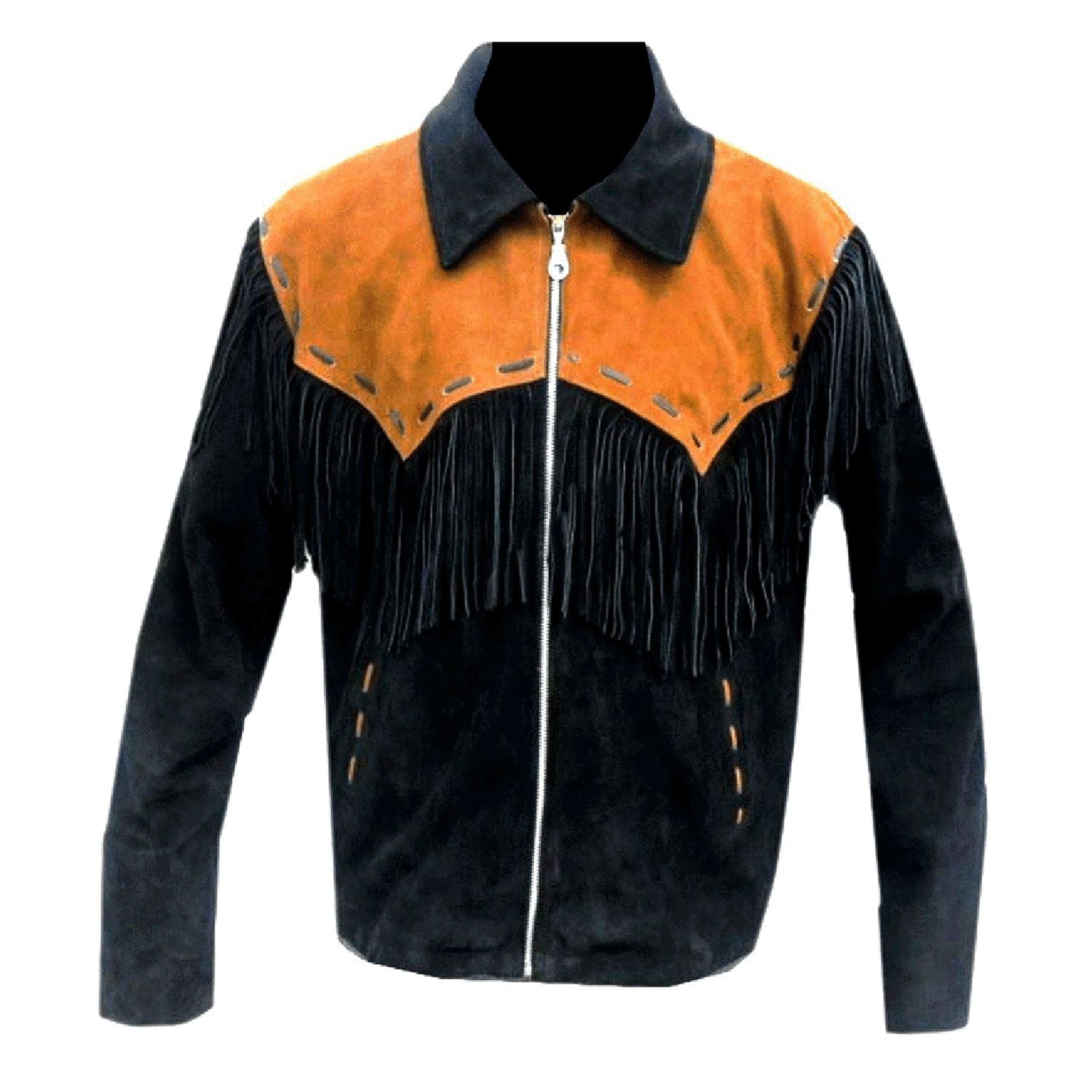 Side profile showing the black suede leather fringe jacket