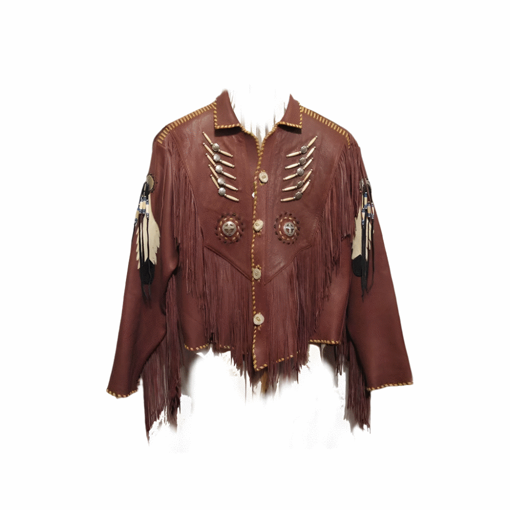 Brown buckskin leather fringe jacket, worn styled look