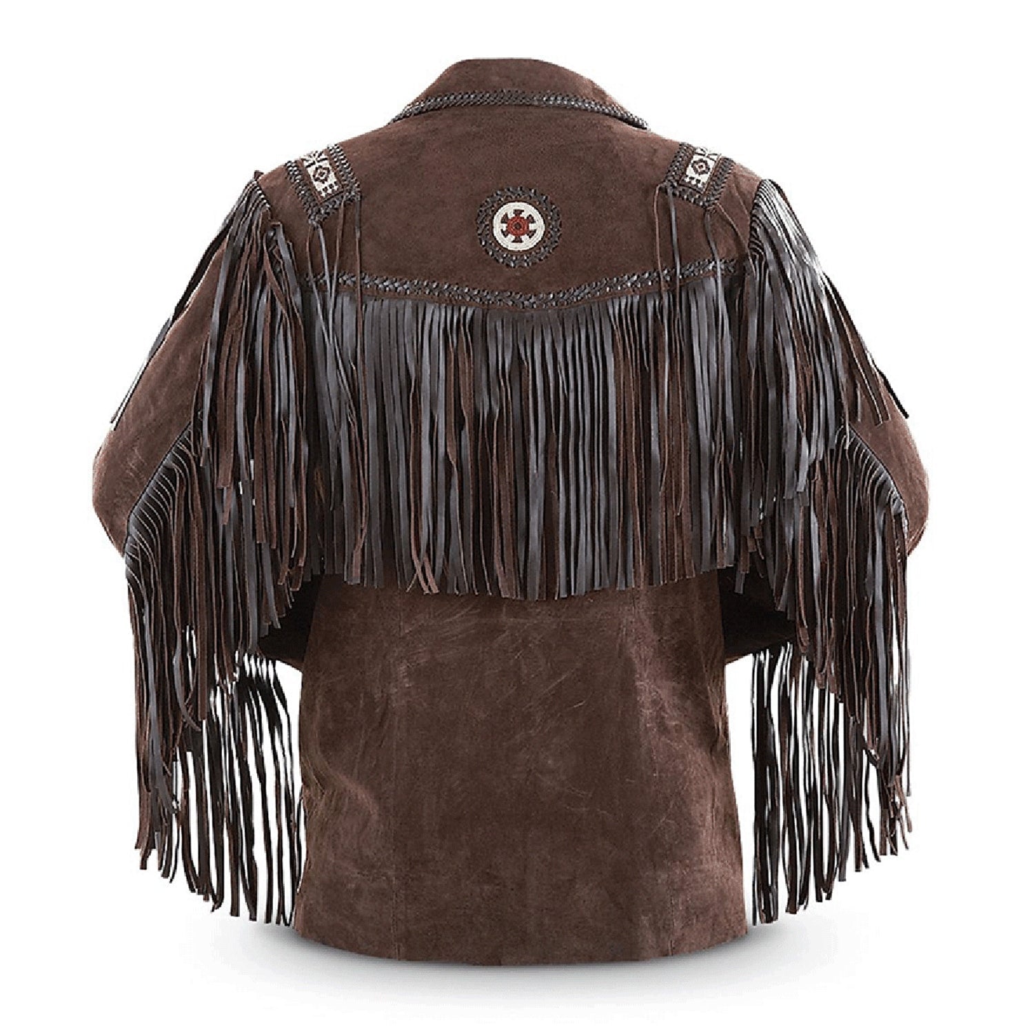 Brown buckskin suede leather fringe jacket with beaded detailing, close-up detail