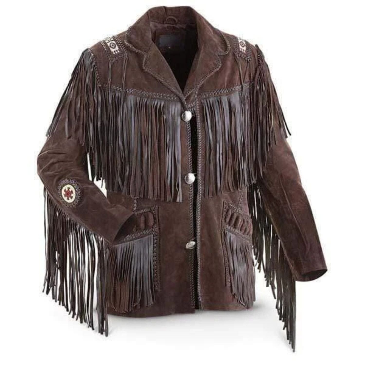 Full display of the brown buckskin suede leather fringe jacket with beaded detailing for men