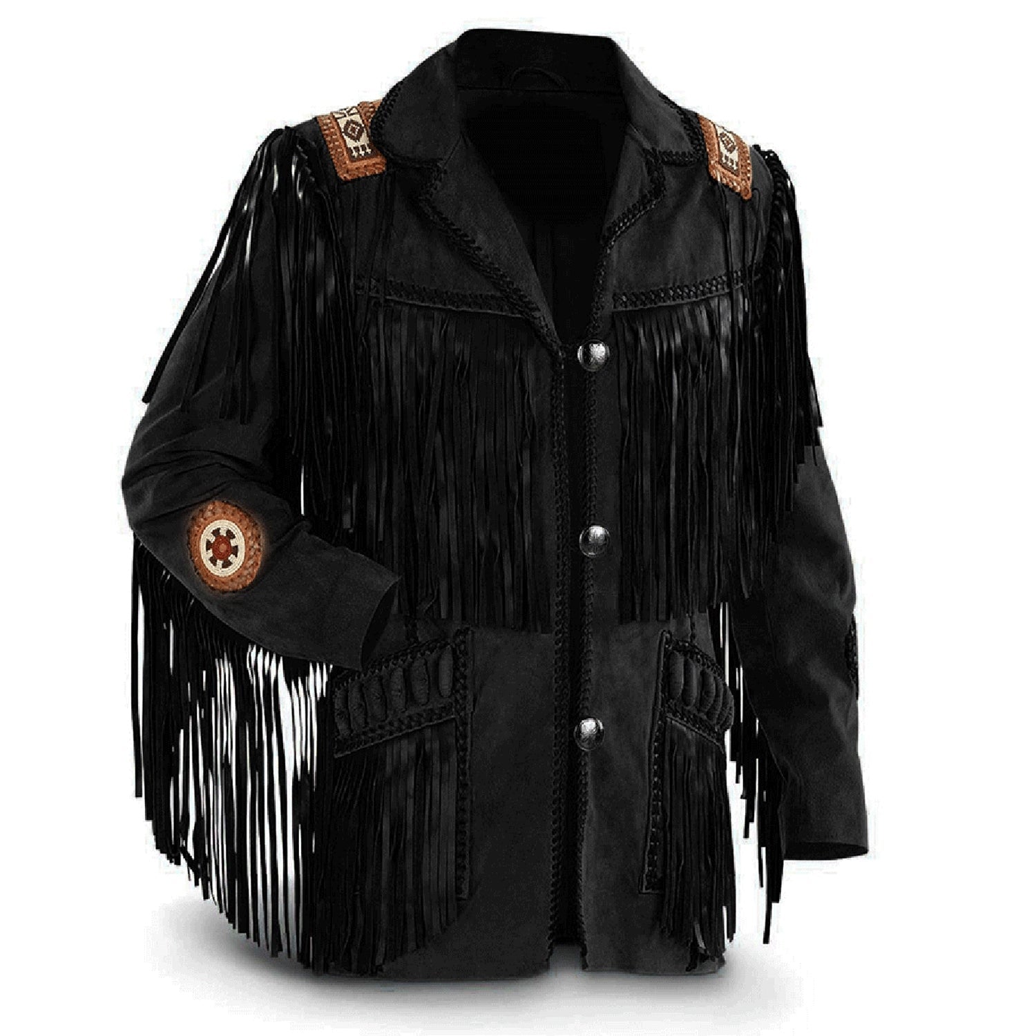 Brown buckskin suede leather fringe jacket with beaded detailing, full display