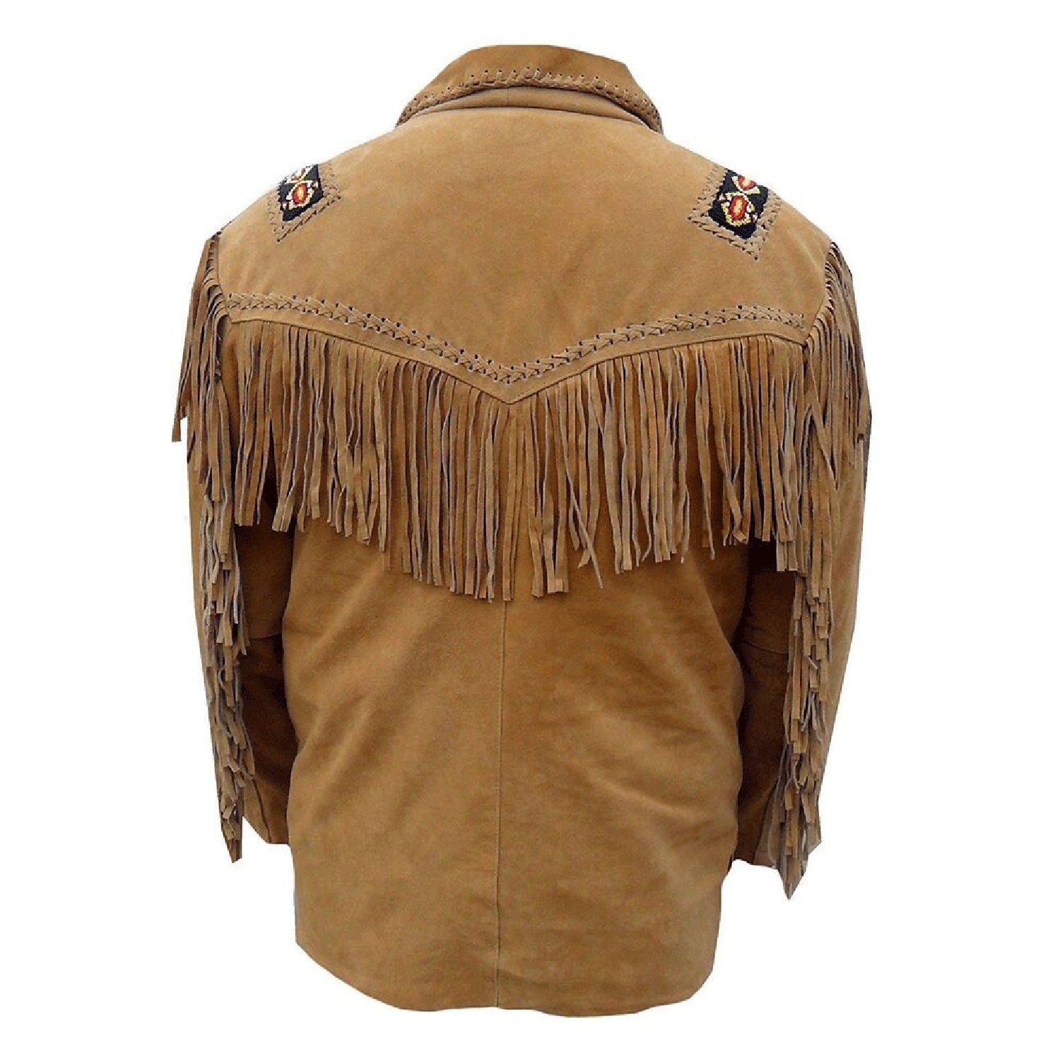Detail shot of the brown buckskin suede leather fringe jacket with beaded detailing for men