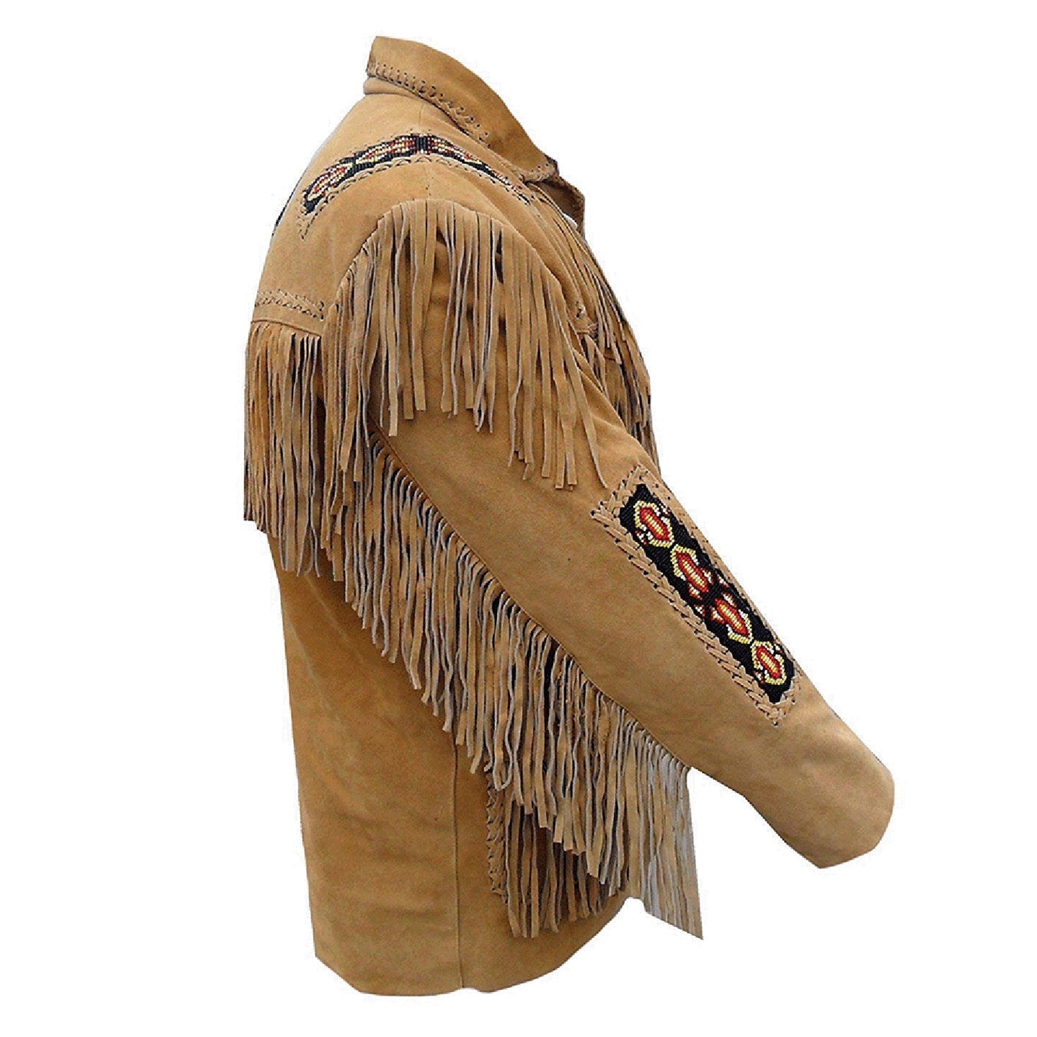Front view of the brown buckskin suede leather fringe jacket with beaded detailing for men