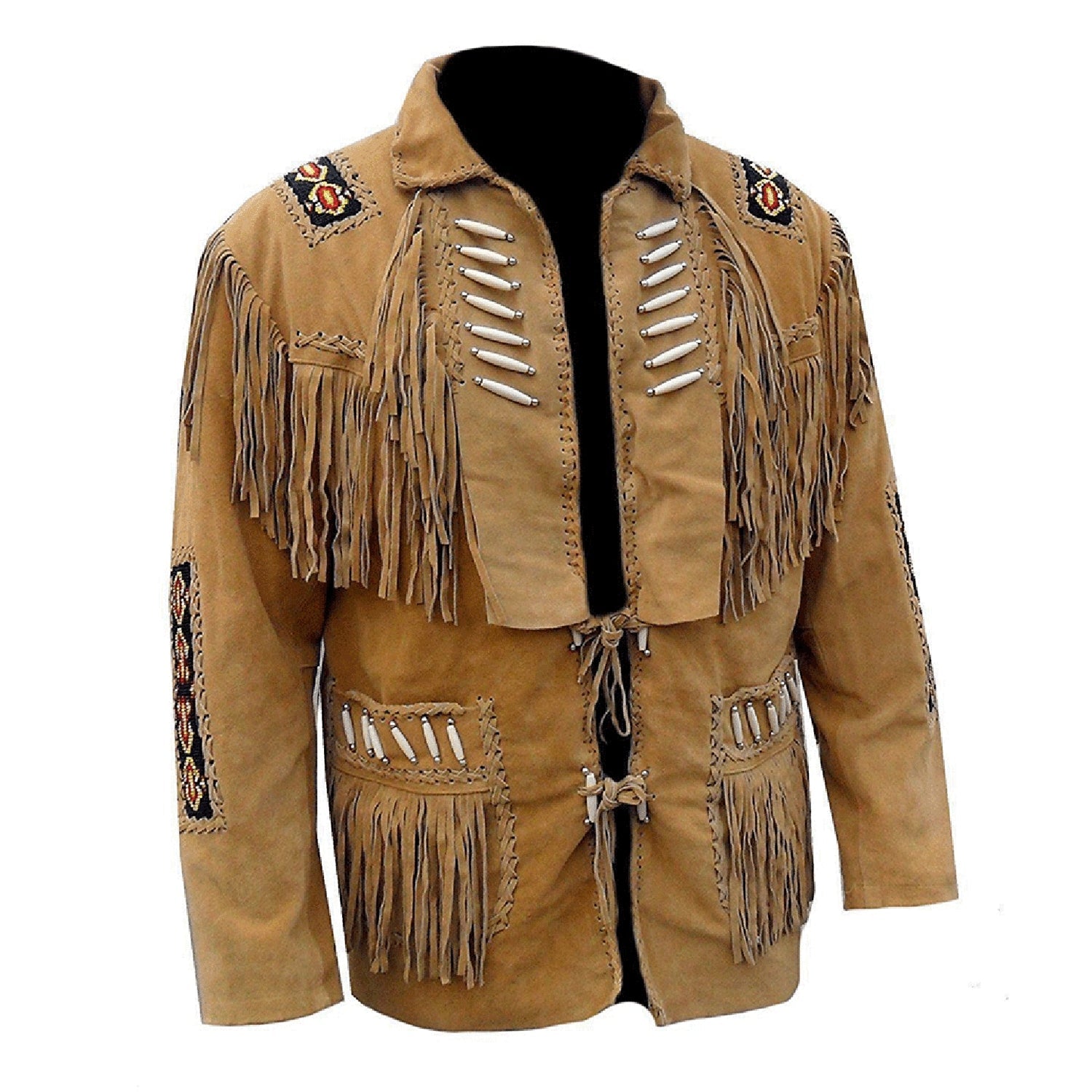Close-up detail showing the brown buckskin suede leather fringe jacket with beaded detailing
