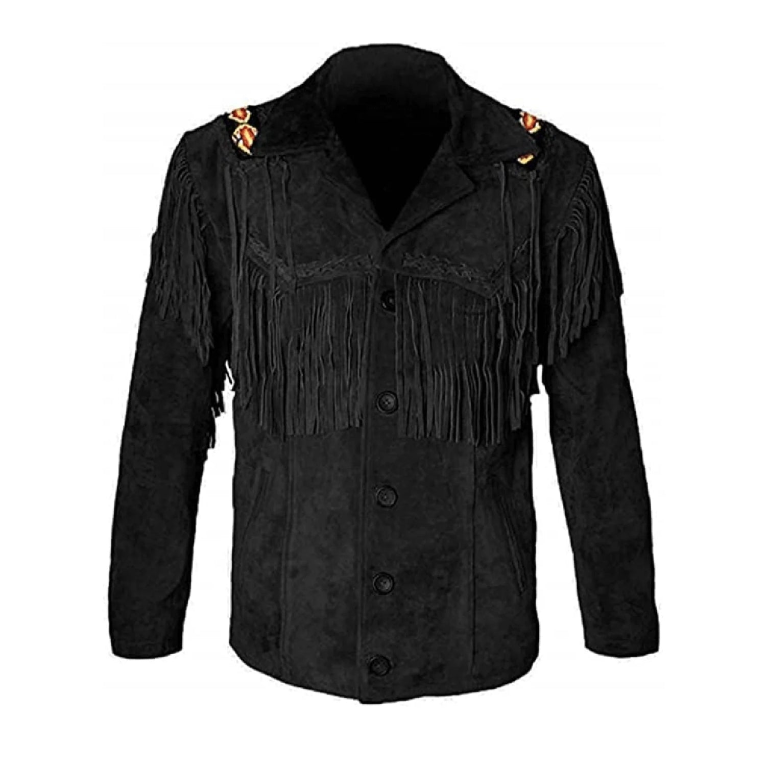 The brown buckskin suede leather fringe jacket with beaded detailing, pictured from the back
